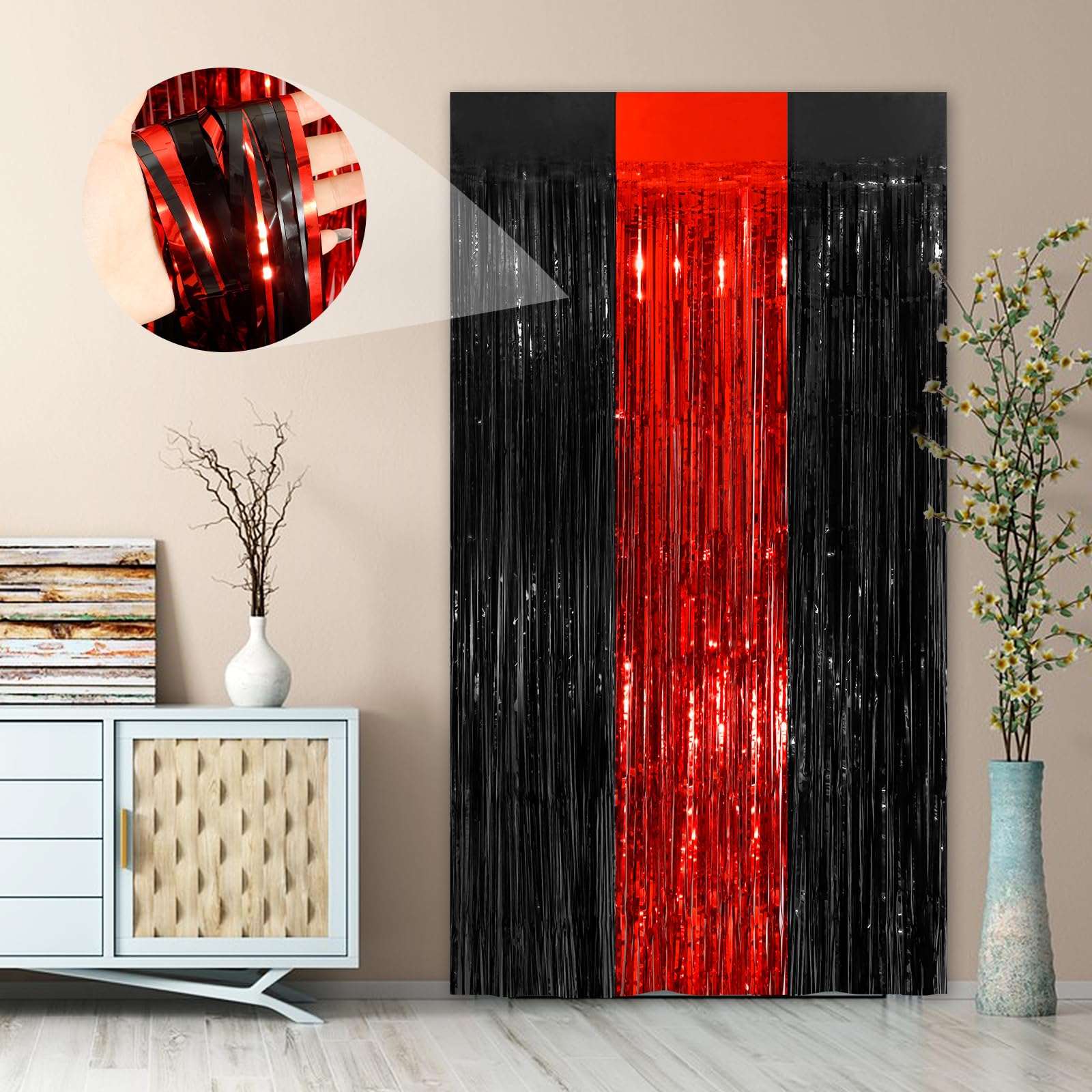 Black Red Fringe Curtain Party Streamers 2Pack 3.3X8.3 Ft Foil Fringe Backdrop Curtains For Birthday Wedding Bridal Baby Shower