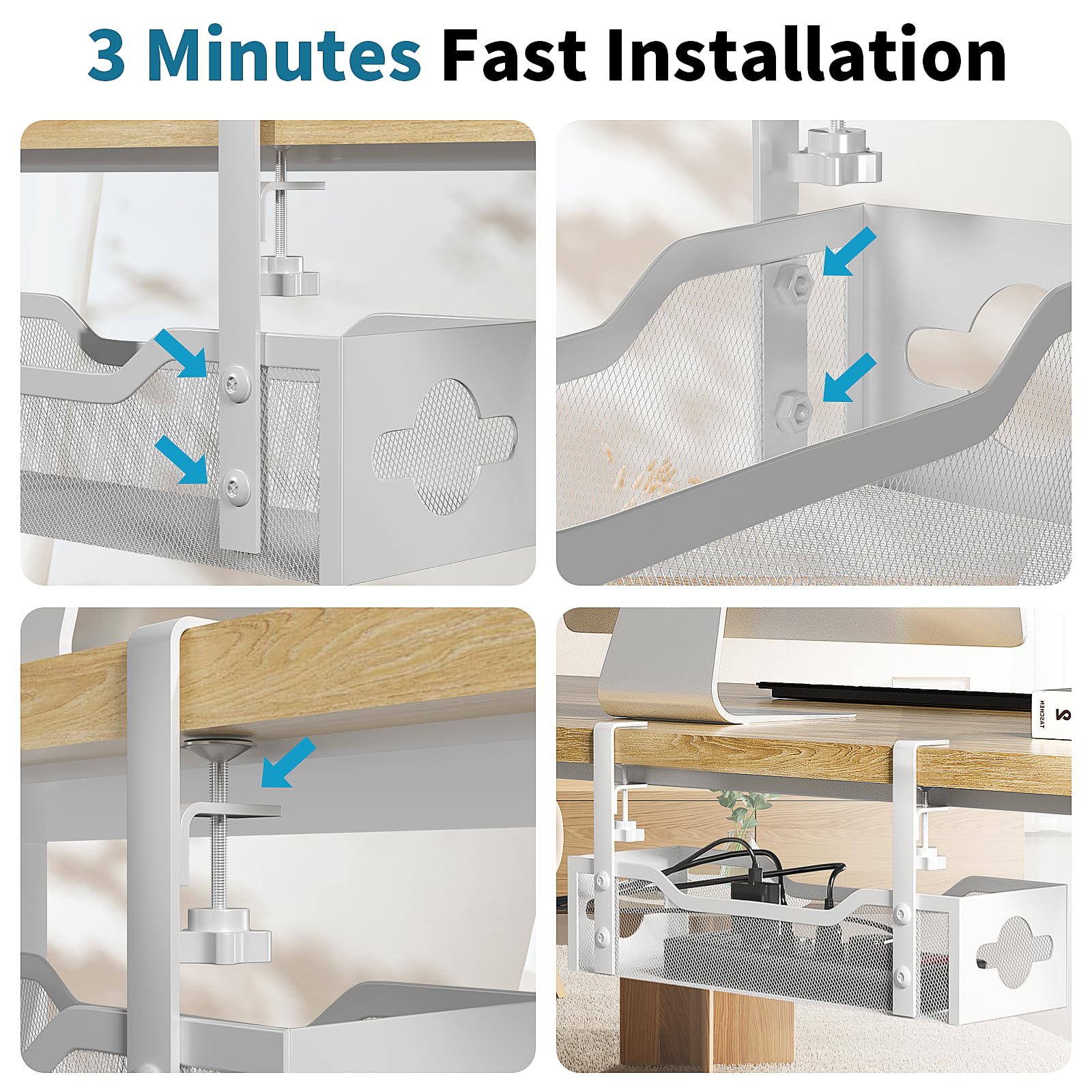 Litwaro Under Desk Cable Management Tray No Drill Clamp Mount Metal White for Cords