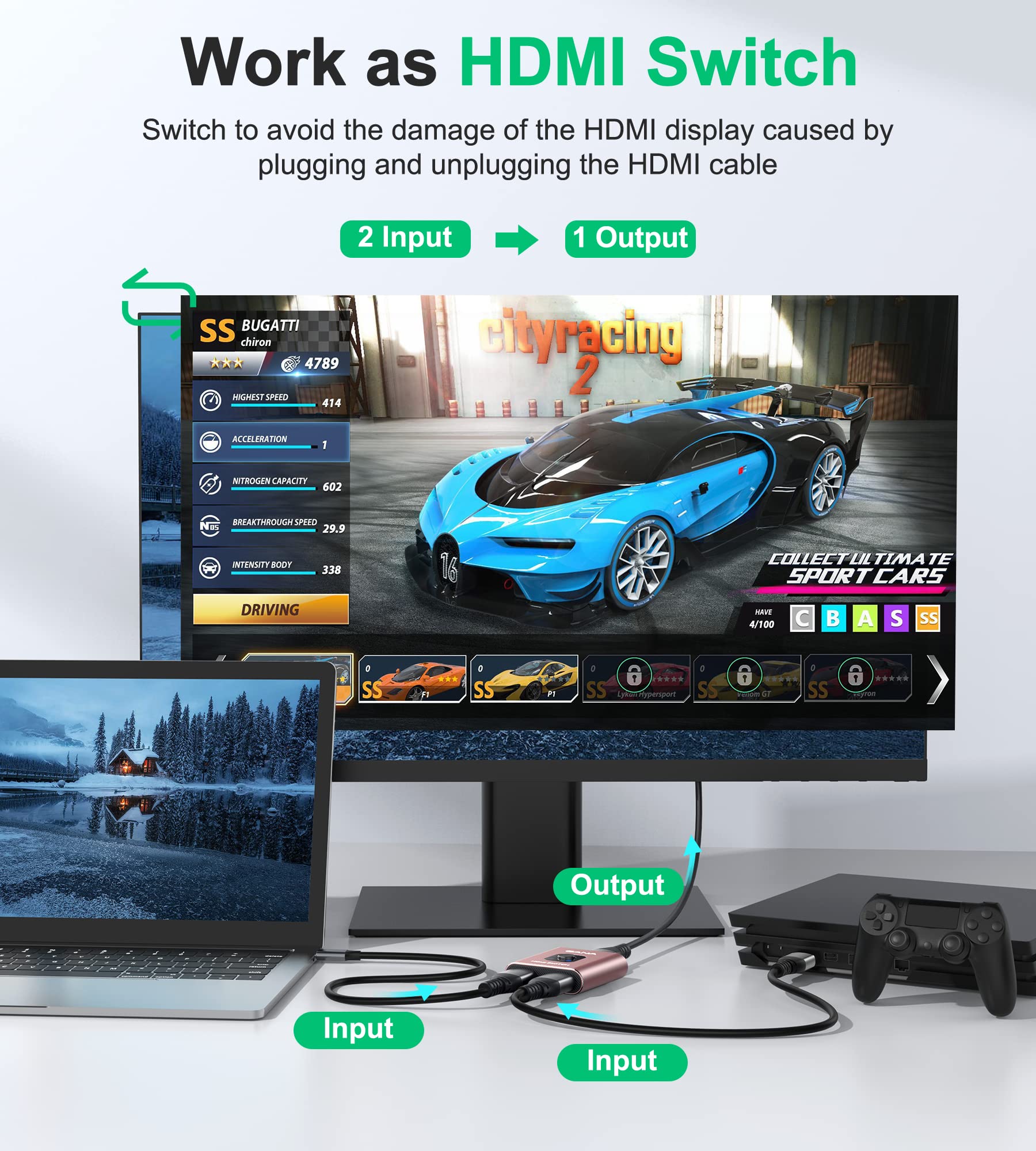 Hdmi Switch 4K@60Hz Splitter, Gana Aluminum Bidirectional Hdmi Switcher 2 In 1 Out, Manual Hdmi Hub Supports Hd Compatible With