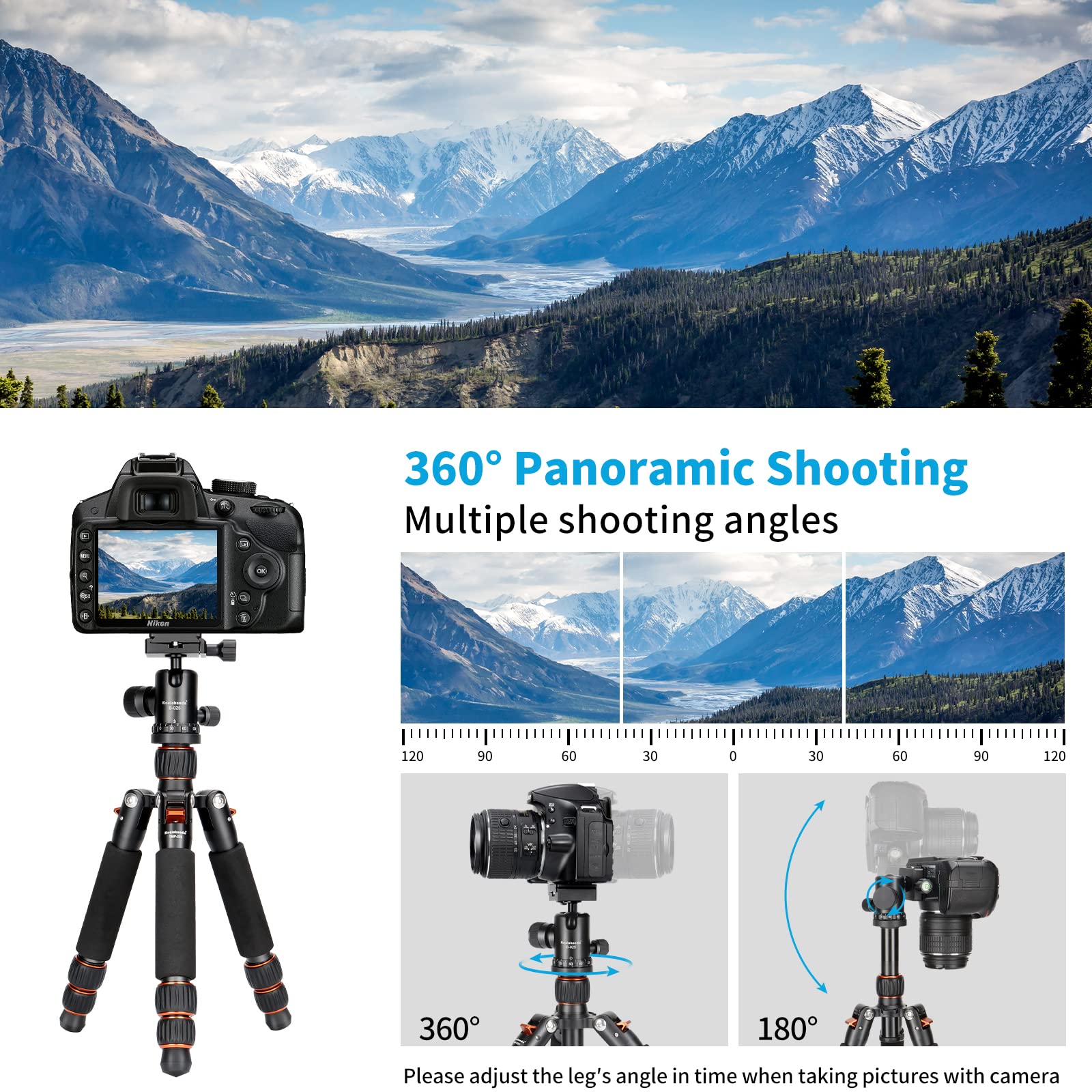 Koolehaoda Mini Tripod Aluminum Alloy 7"-25" Adjustable 360° Ball Head, Load up to 22lbs, Orange, Model TMP-223