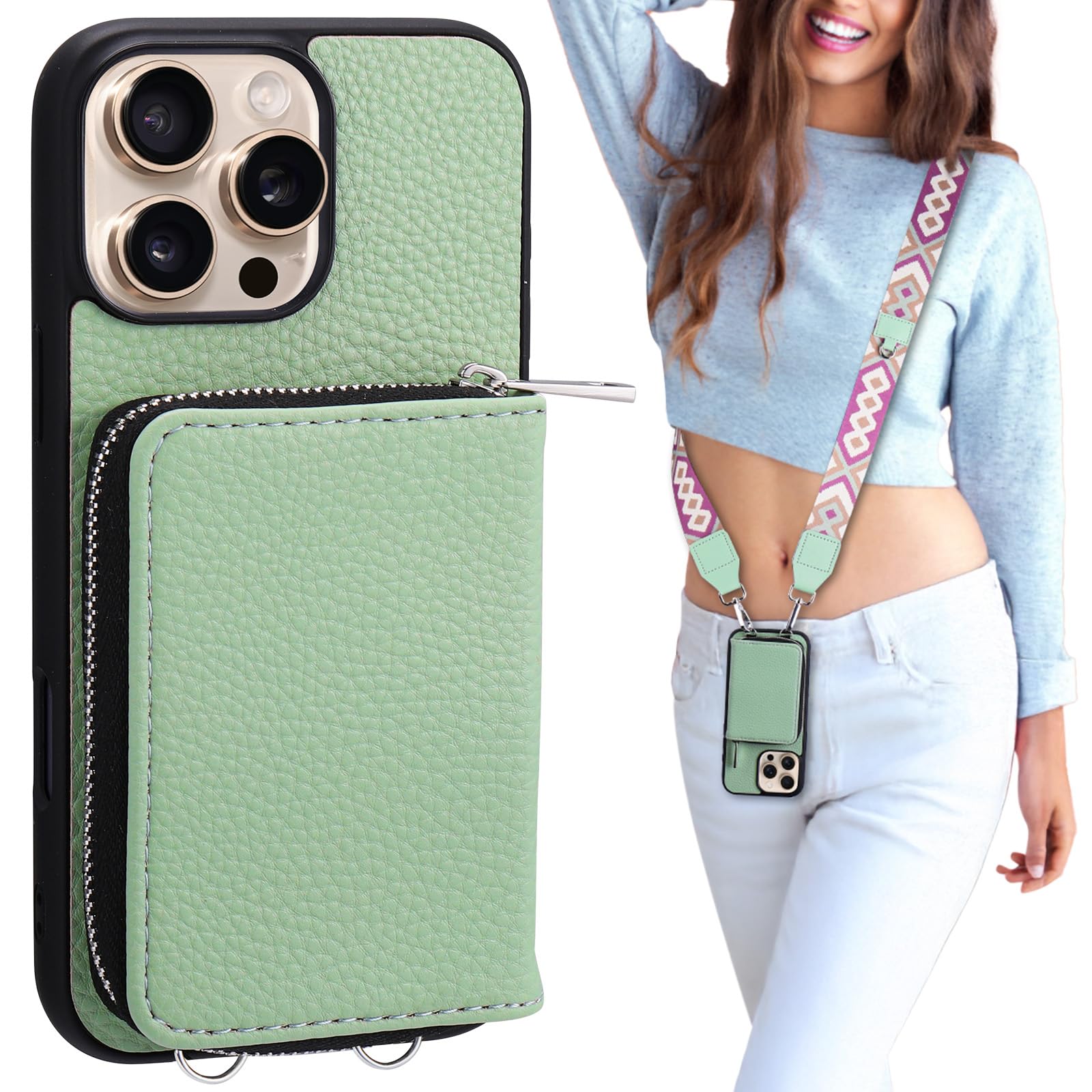 Xangnier Wallet Case For Iphone 16 Pro, Rfid Blocking Pu Leather Crossbody Phone Purse With Card Holder, Zipper Pocket, Wrist St