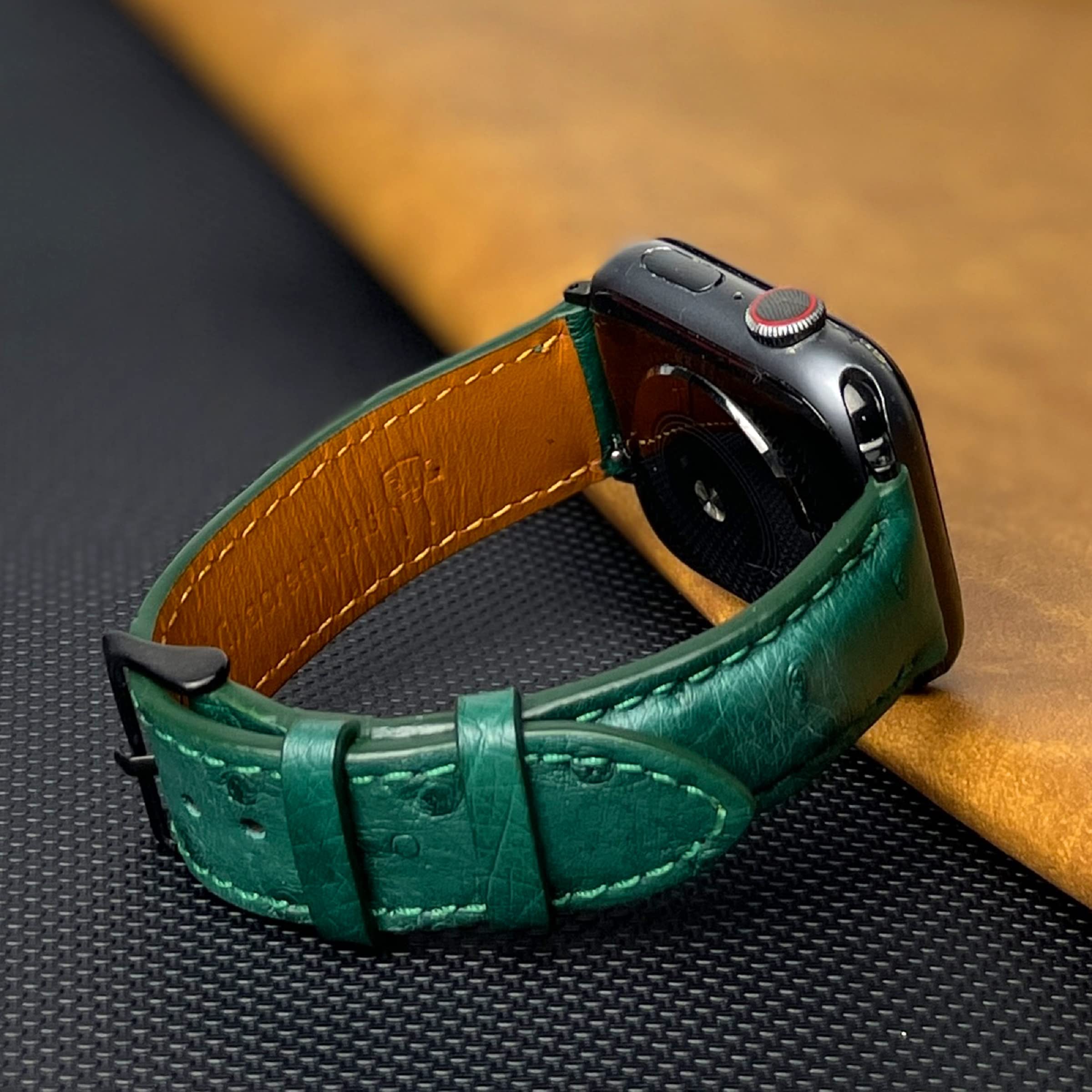 Green Ostrich Leather Band Compatible For Apple Watch 41Mm 40Mm 38Mm For Iwatch Men Replacement Strap Smartwatch Series 8 7 6 5