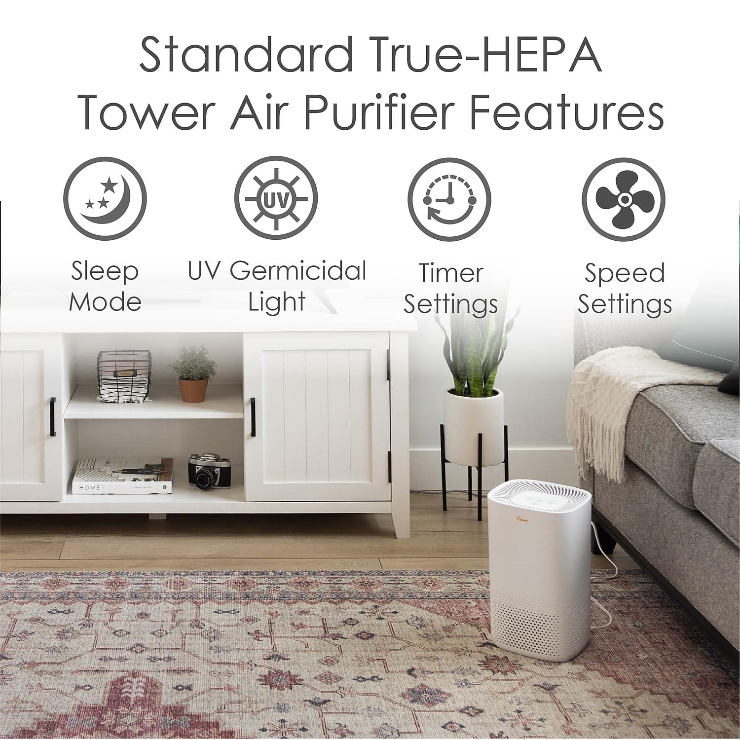 Crane Air Purifier With True Hepa Filter, Germicidal Uv Light, 250 Sq Feet Coverage, Timer Function, Sleep Mode, Washable Partic