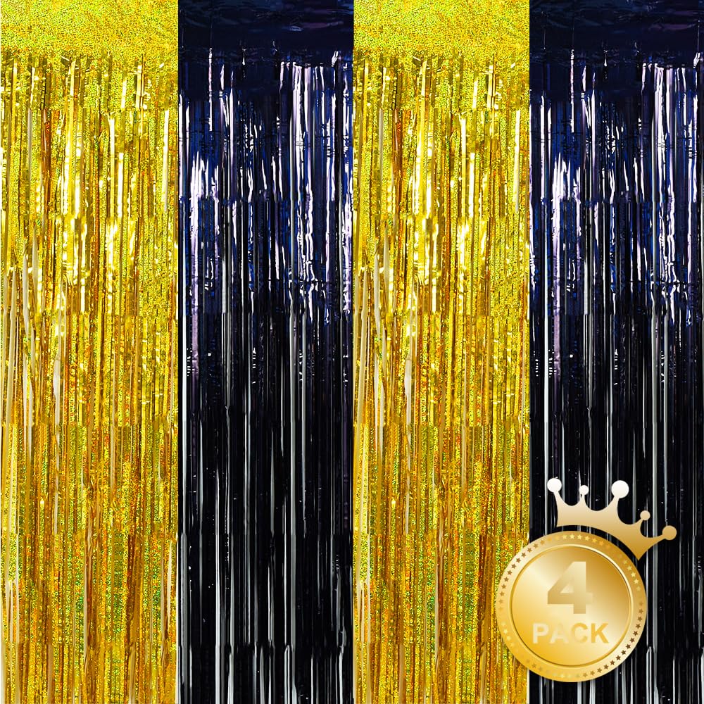 Beishida 4 Pcs Black And Gold Party Streamers Fringe Foil Curtain Backdrop Tinsel Background Party Decoration For Door Wall Grad