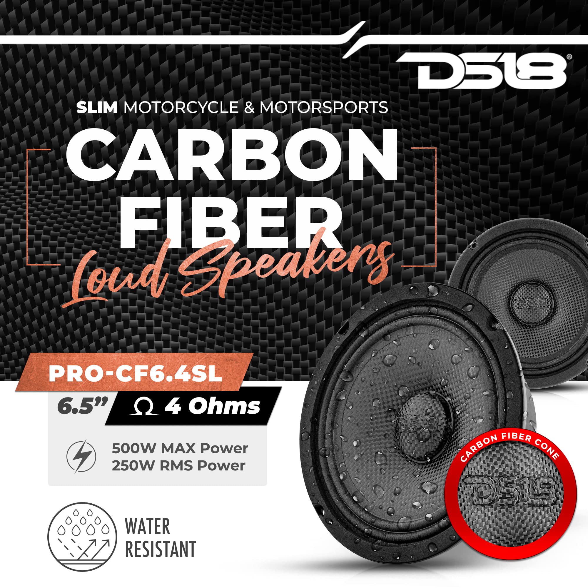 Ds18 Pro-Cf6.4Sl 6.5 Slim Speaker 500 Watts Rms Max Power 4-Ohms Carbon Fiber Cone Water Resistant Mid-Bass Loudspeaker - Great