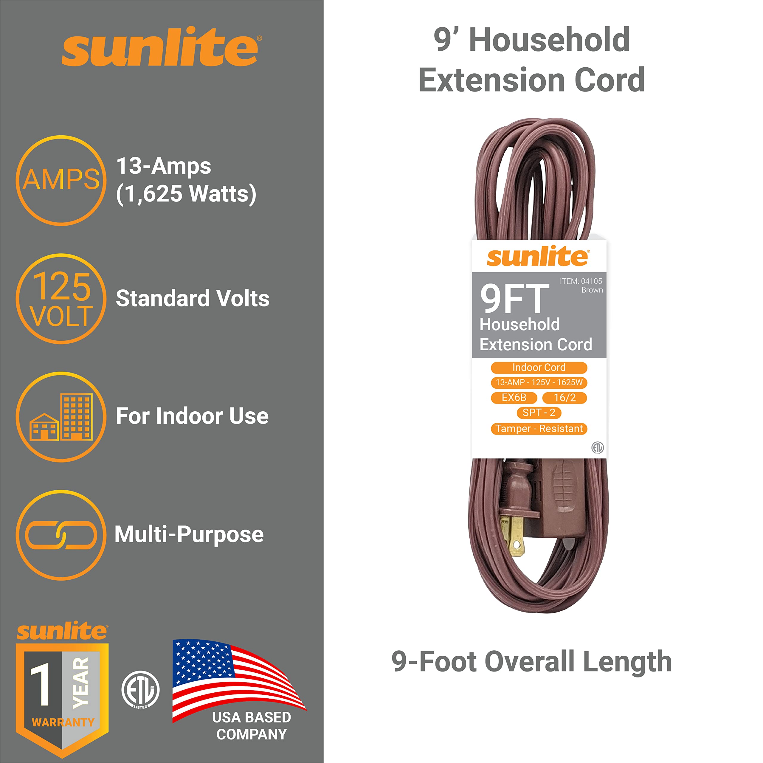 Sunlite 04105 Su Ex9/Br 9 Foot Household Extension Cord, 2 Prong, 16/2 Gauge 13 Amp, Brown 9'