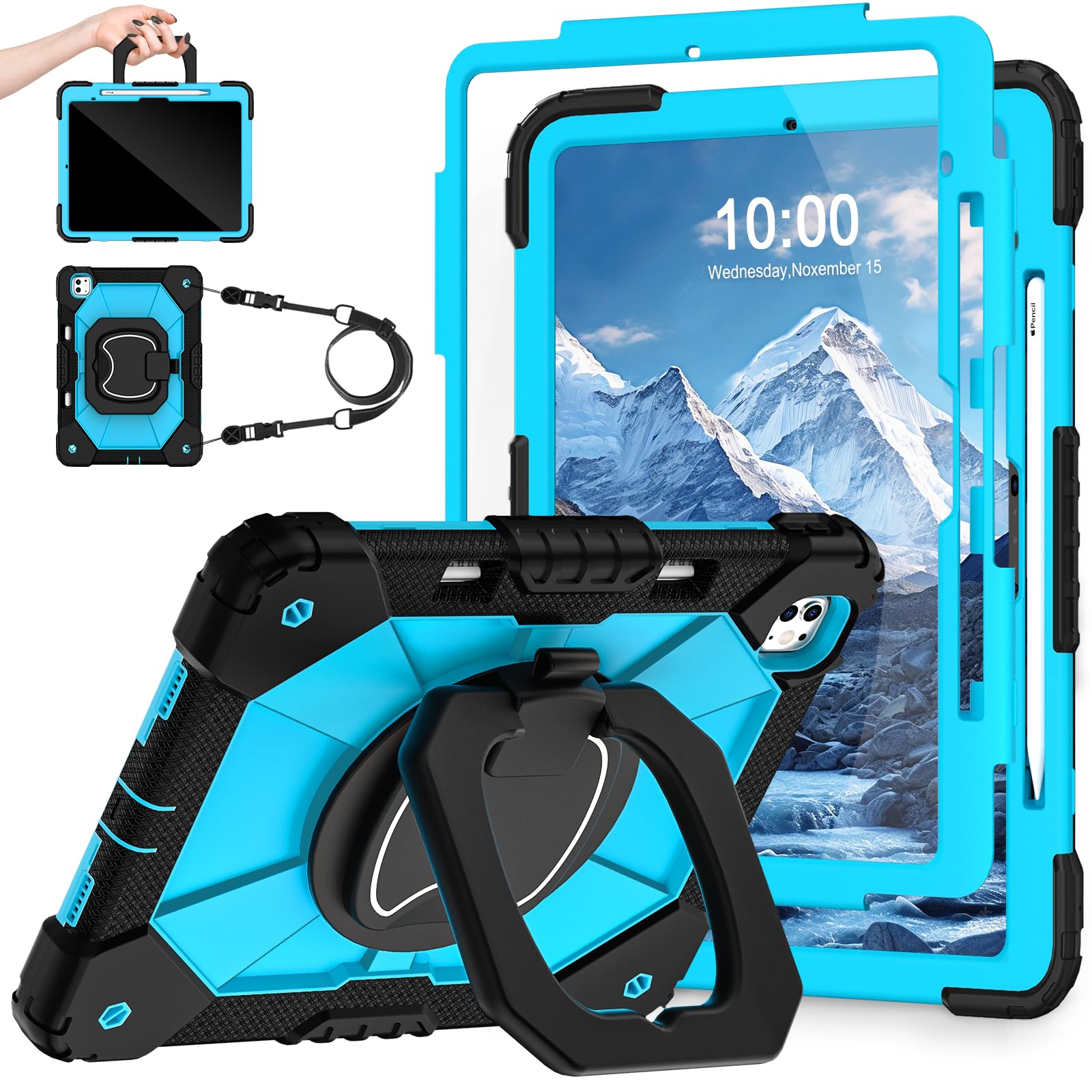 WESOROL Case for iPad Pro 13 Inch M4 2024 (7th Gen) with Screen Protector/360 Rotating Stand/Pencil Holder/Shoulder Strap,Milita