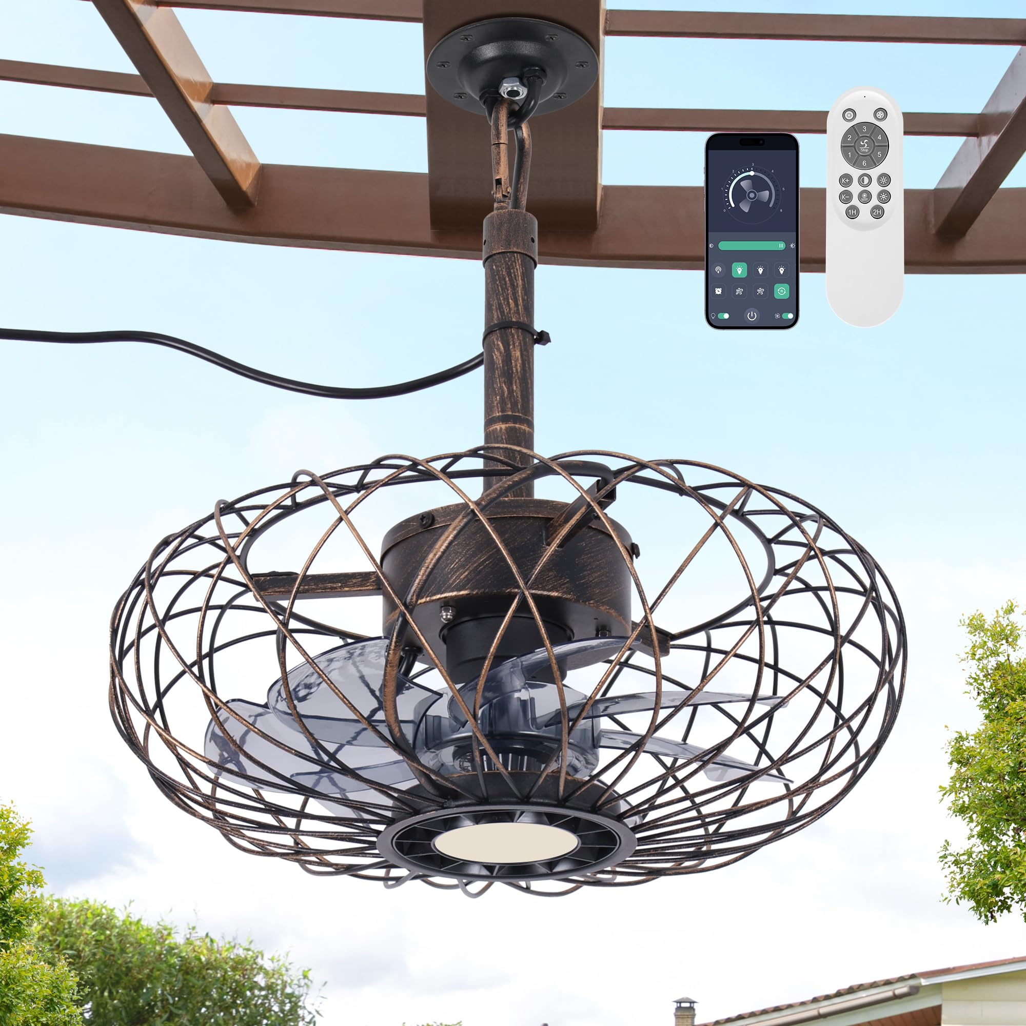 PAZALA 15 Gazebo Ceiling Fans with Lights and Remote Control, Waterproof Enclosed Caged Ceiling Fan with 3 Color LED Light, Port