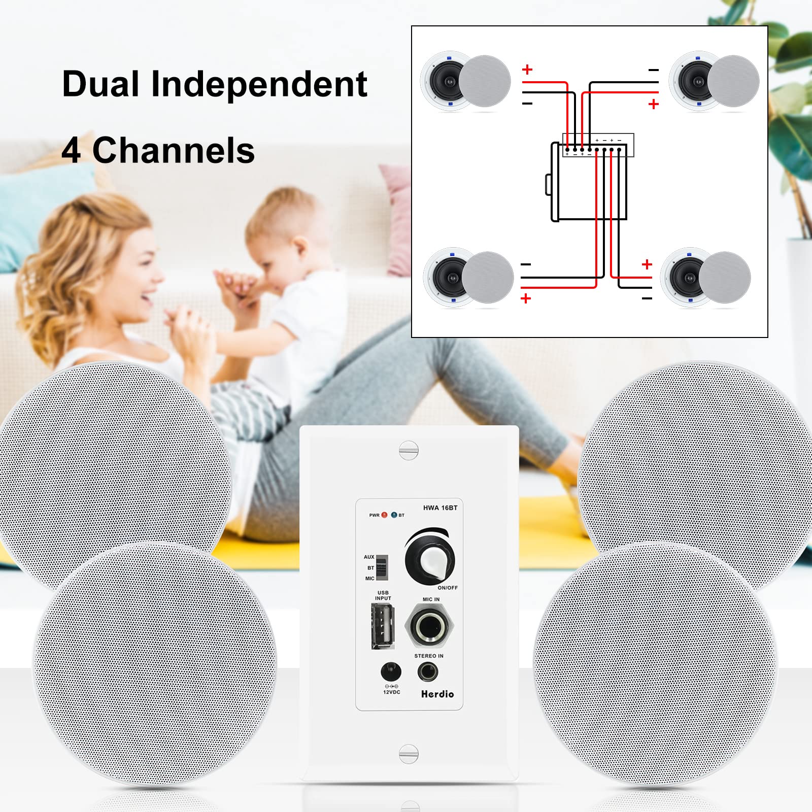 Herdio Bluetooth Wall Amplifier 4 Channels Volume Control Wall Plate Usb/Mic/Aux(3.5Mm) Inputs Connect 4 Speakers With 12V 3A Po