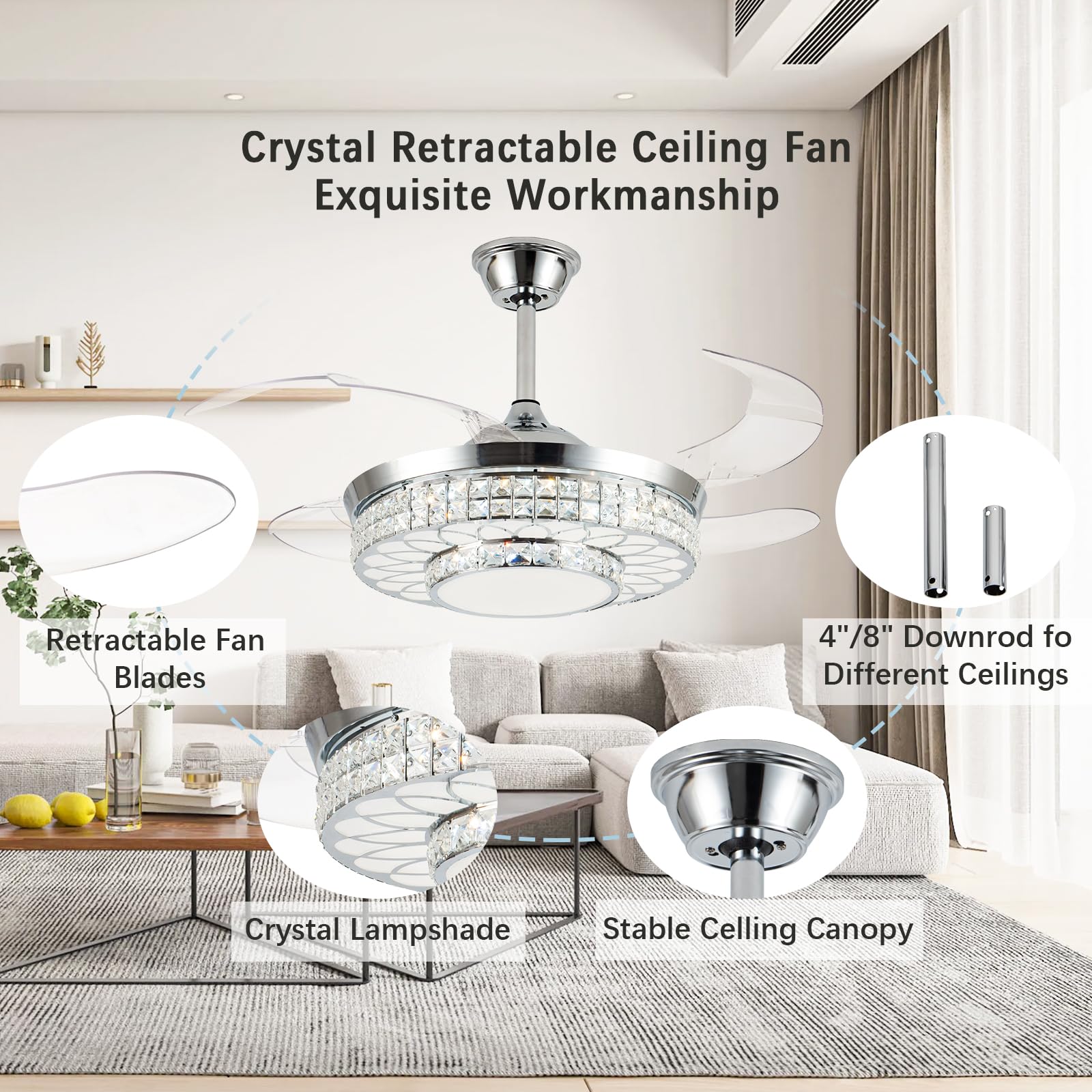 Samphon 42'' Retractable Ceiling Fans With Lights, Crystal Chandelier Ceiling Fan With Remote & App Control, Modern Dimmable Led
