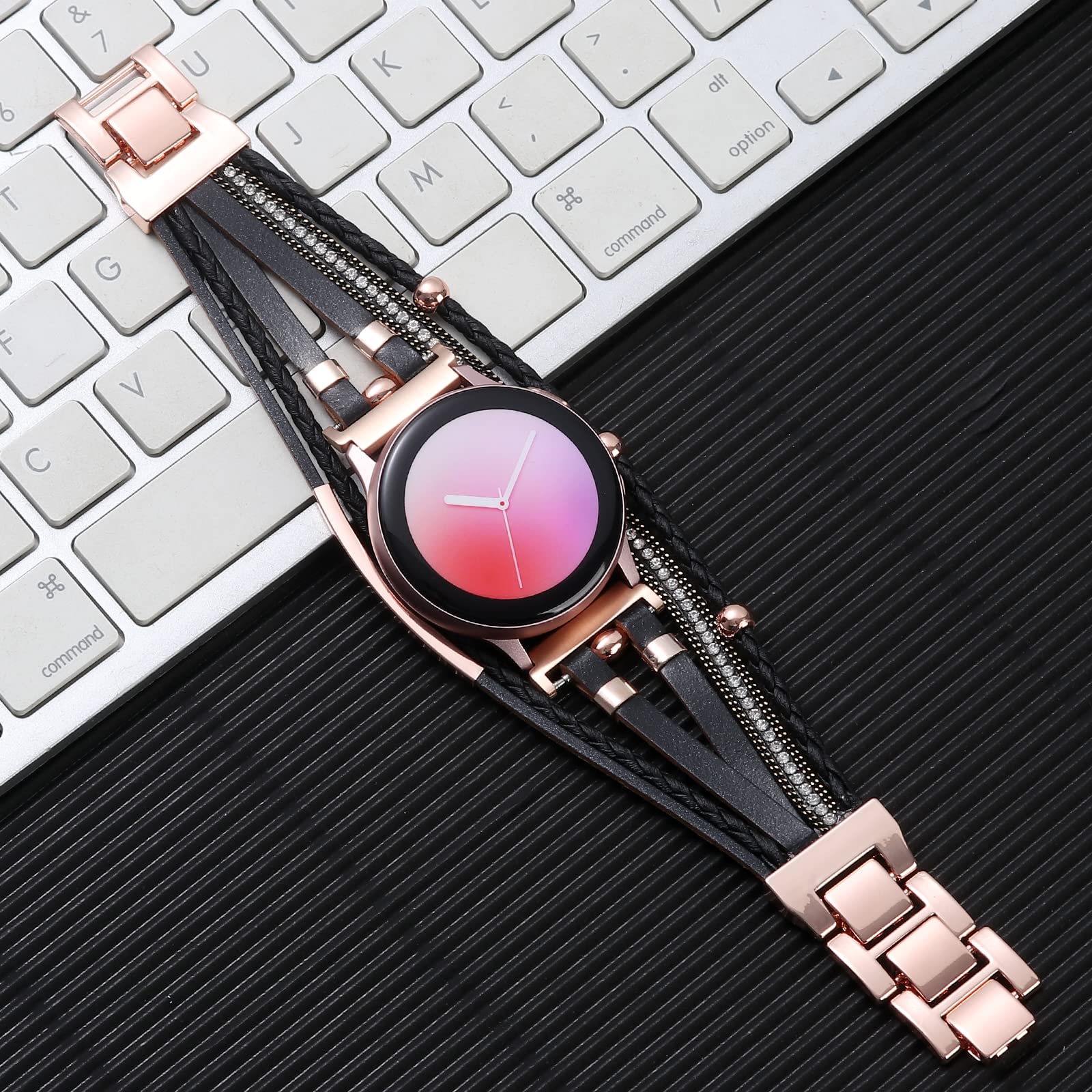 Posh Leather Bands For Samsung Galaxy Watch 5/Watch 6/Watch 4 Band 40Mm 44Mm/Galaxy Watch 5 Pro Band/Watch 4/ Watch 6 Classic Band, 20Mm Boho Bracelet Handmade Strap For Women (Black/Rose Gold)