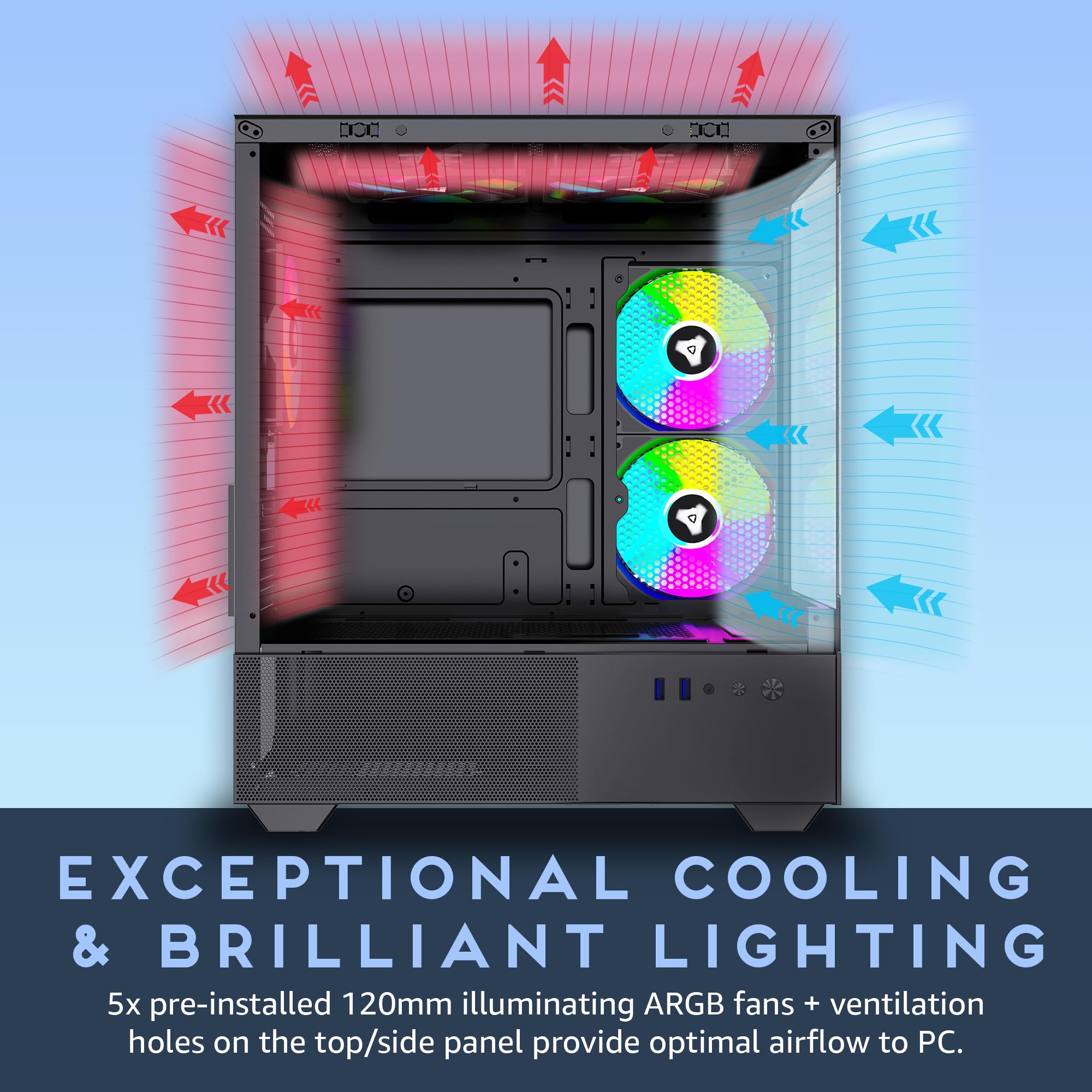 Apevia Phantom Bk Phantom Micro Atx Dual Chamber Gaming Pc Case W/ 5X 120Mm Argb Fans, 366 Rgb Modes, Dual Tempered Glass Panels