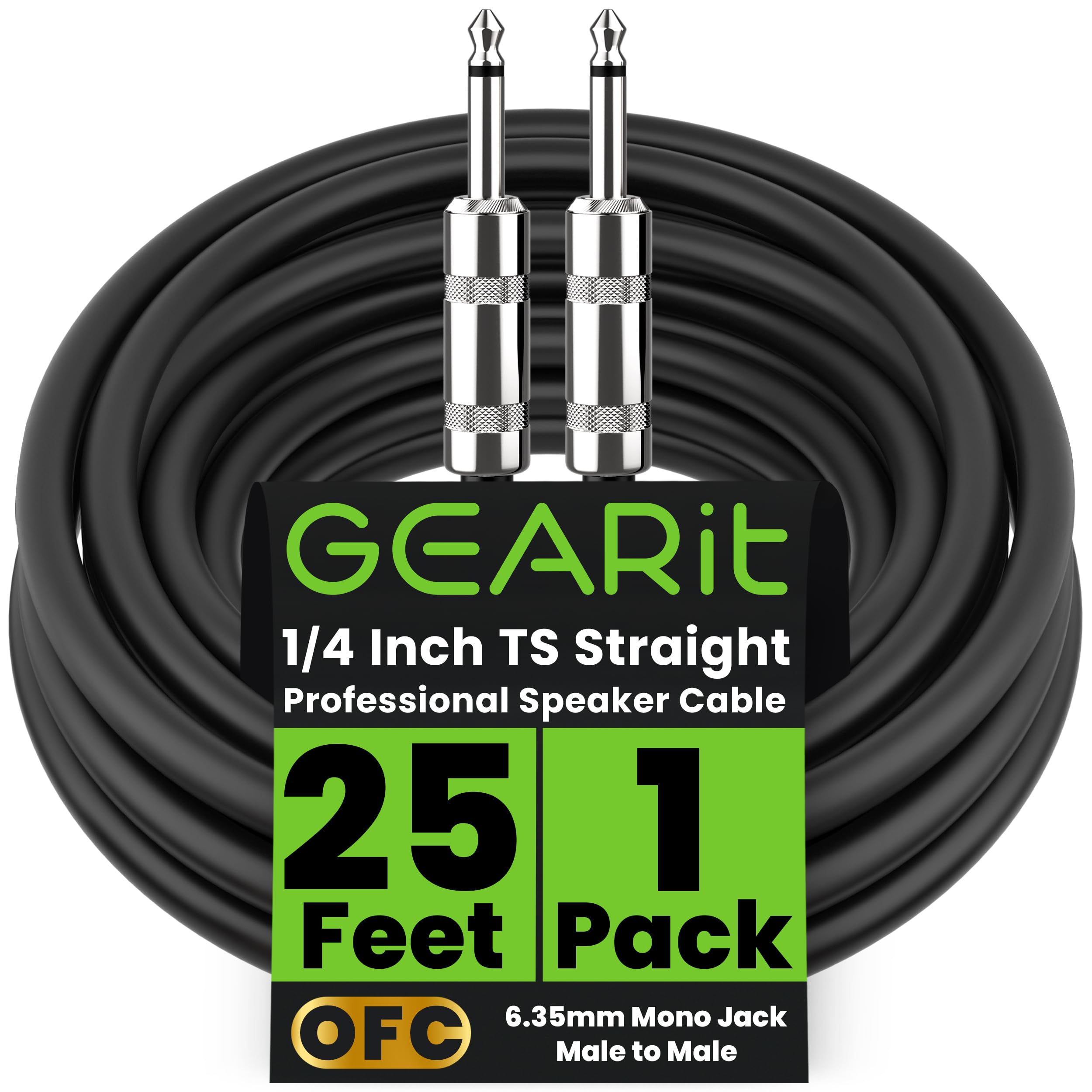 GEARit Professional Speaker Cable (25ft) 12AWG Pure Copper 1/4 inch to 1/4 inch TS Straight Male to Male for Amplifier, Speaker 