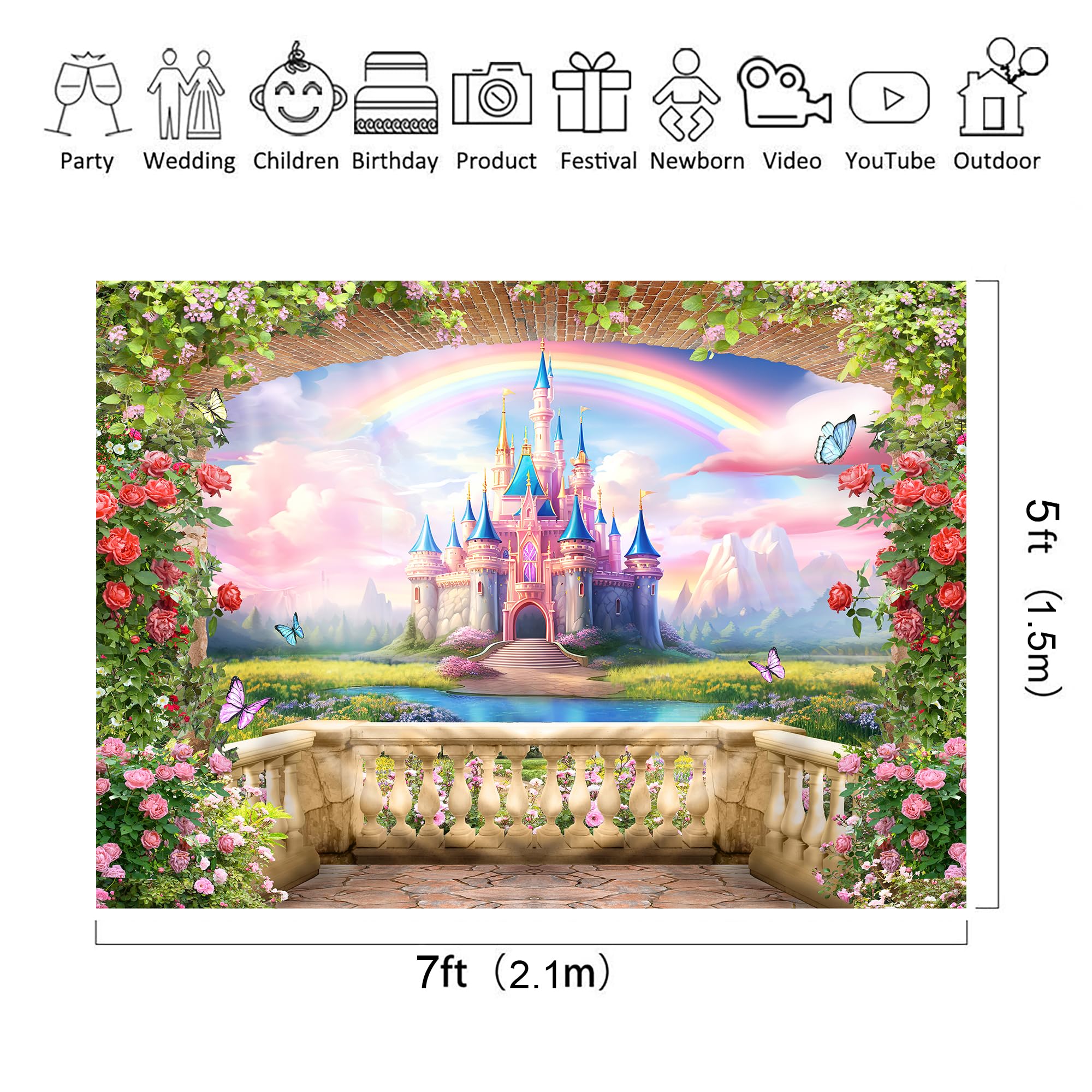 Riyidecor Pink Castle Backdrop Polyester Fabric Princess Flower Blossom Spring Floral Butterfly 7Wx5H Feet Fairy Fantasy Balcony