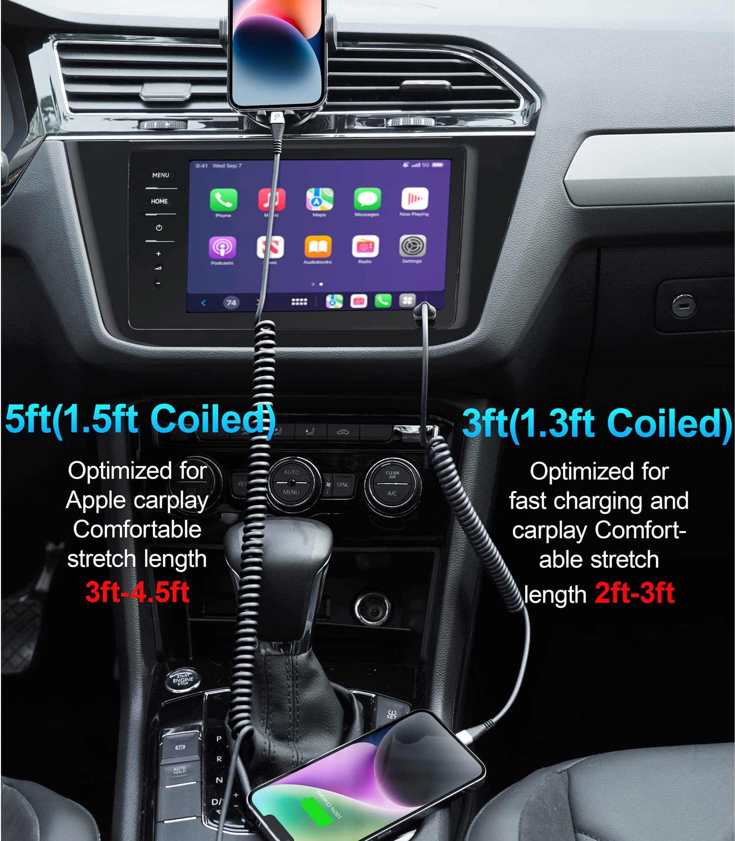 Coiled Iphone Charger Cable For Car, Lightning Cable 2 Pack 5Ft, [Apple Mfi Certified] Short Iphone Charger Cord Compatible With