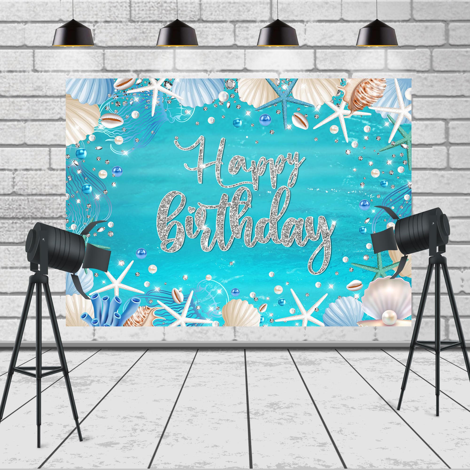 Ufeela Ocean Birthday Backdrop Summer Underwater Sea Happy Birthday Banner Blue Starfish Seashell Mermaid Diamonds Pearl 7Wx5H F
