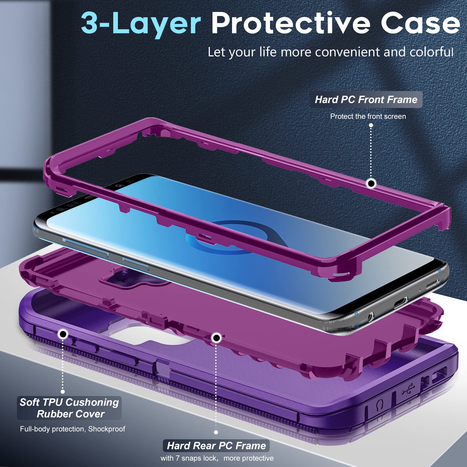 LeYi Samsung S9 Full Body Shockproof Rugged Defender Phone Case TPU PC Purple