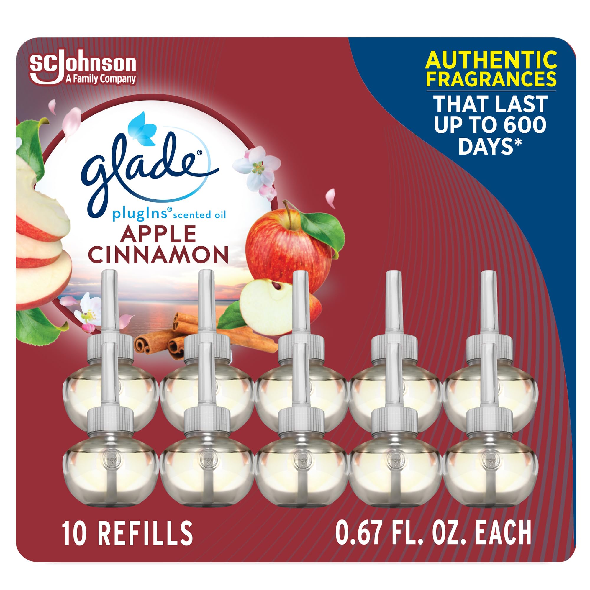 Glade Plugins Refills Air Freshener, Scented And Essential Oils For Home And Bathroom, Apple Cinnamon, 6.7 Fl Oz, 10 Count (Pack