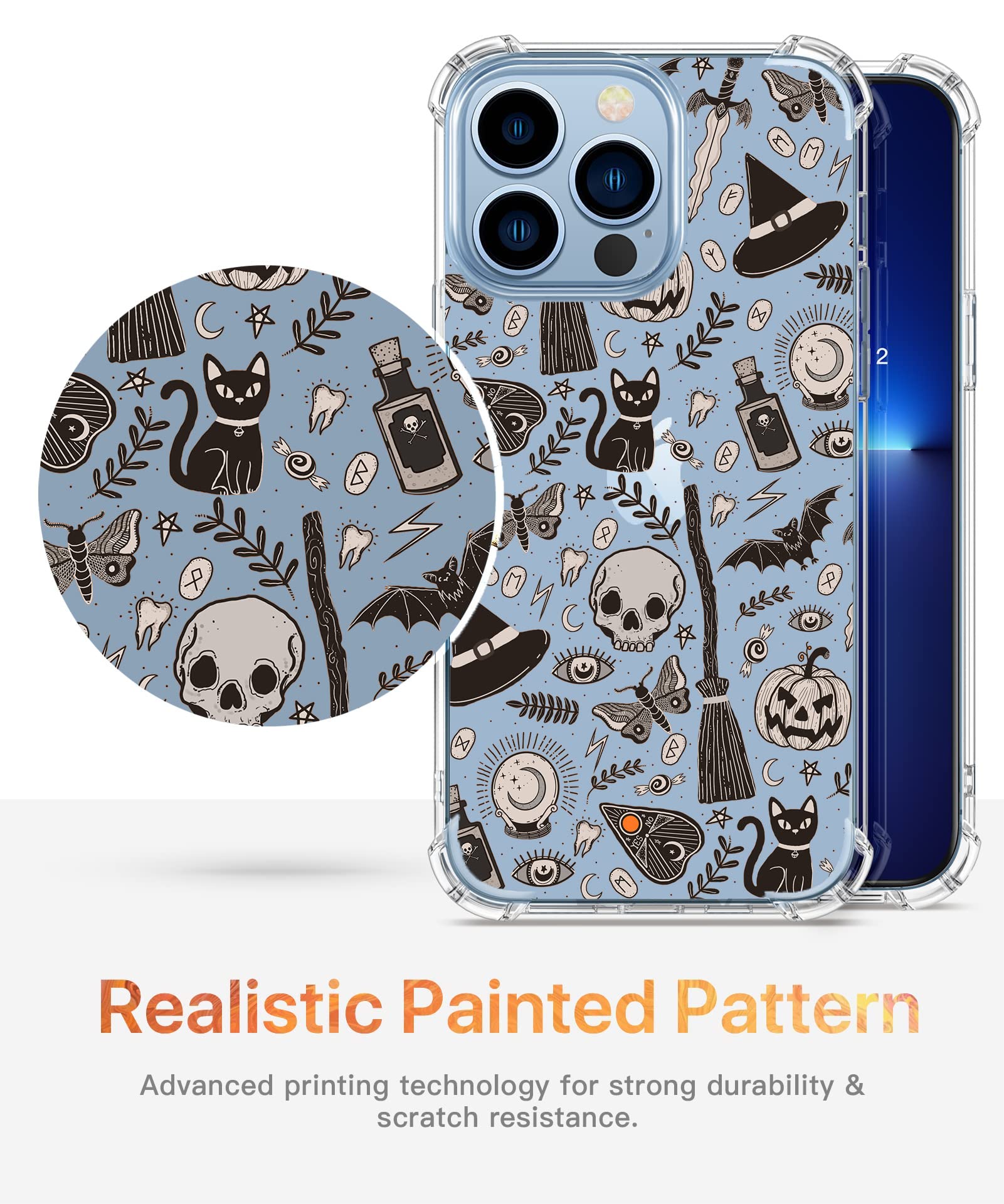 Vesidurt Black Halloween Clear Case For Iphone 14 Pro Max,Pumpkin Skull Bat Pattern For Men Women,Trendy Transparent Soft Tpu Bu