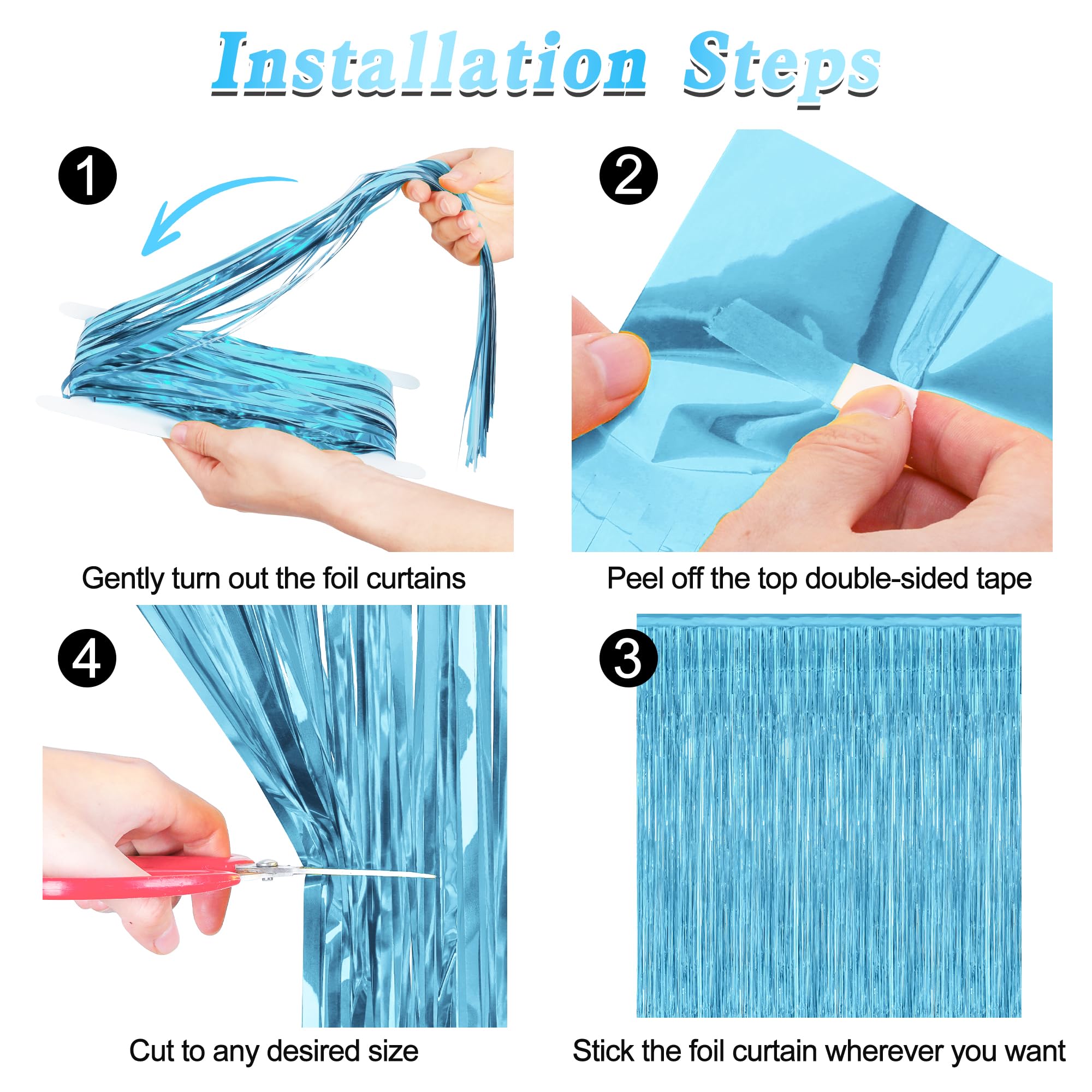 12 Pack Party Decorations, 3.28 Ft X 7.05 Ft Sky Blue Curtains, Metallic Party Streamers Photo Booth Backdrop Foil Fringe Curtai