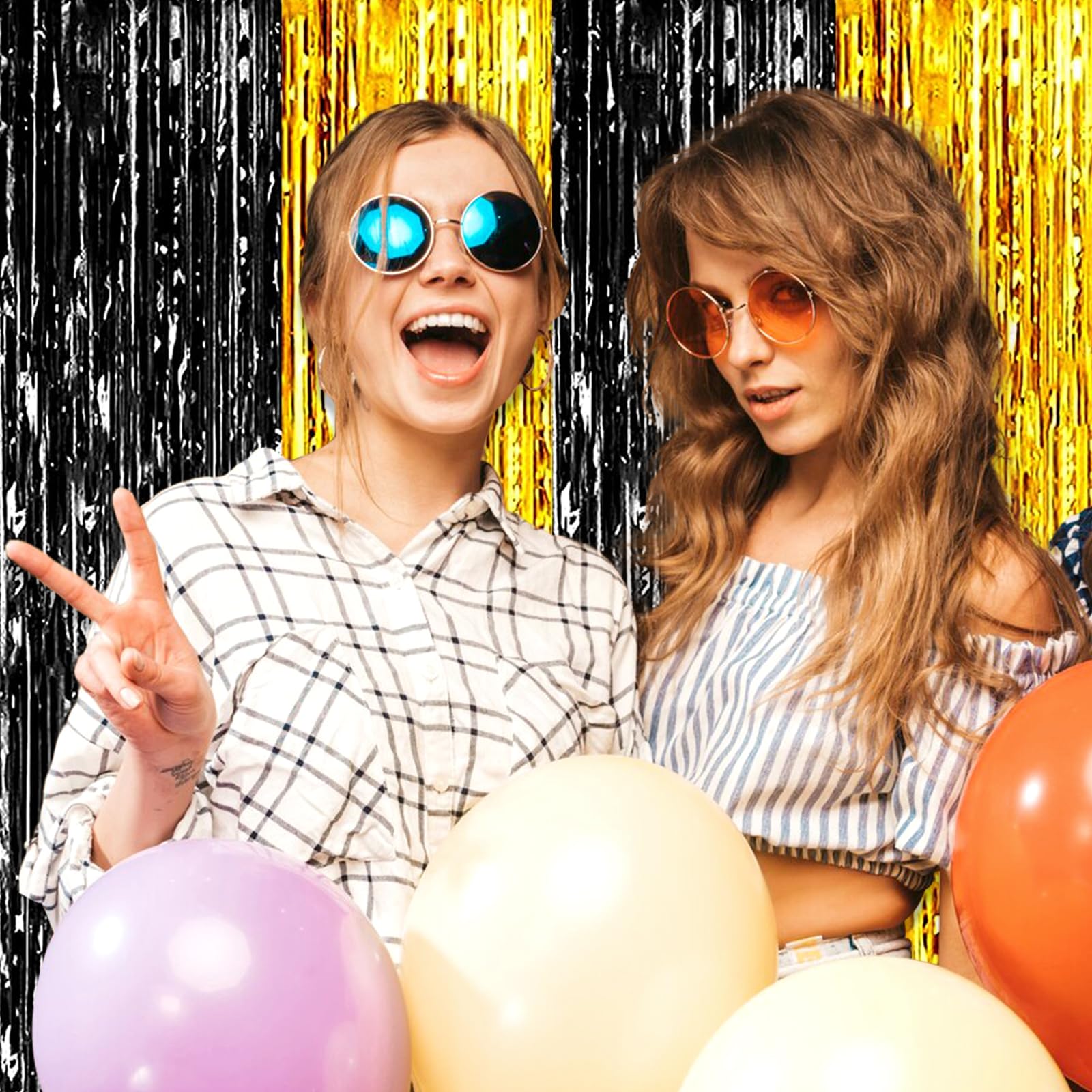 3 Pack Black Gold Foil Fringe Curtain Backdrop, 3.28Ft X 8.2Ft Metallic Tinsel Foil Fringe Streamer Curtains For Photo Booth, Ch