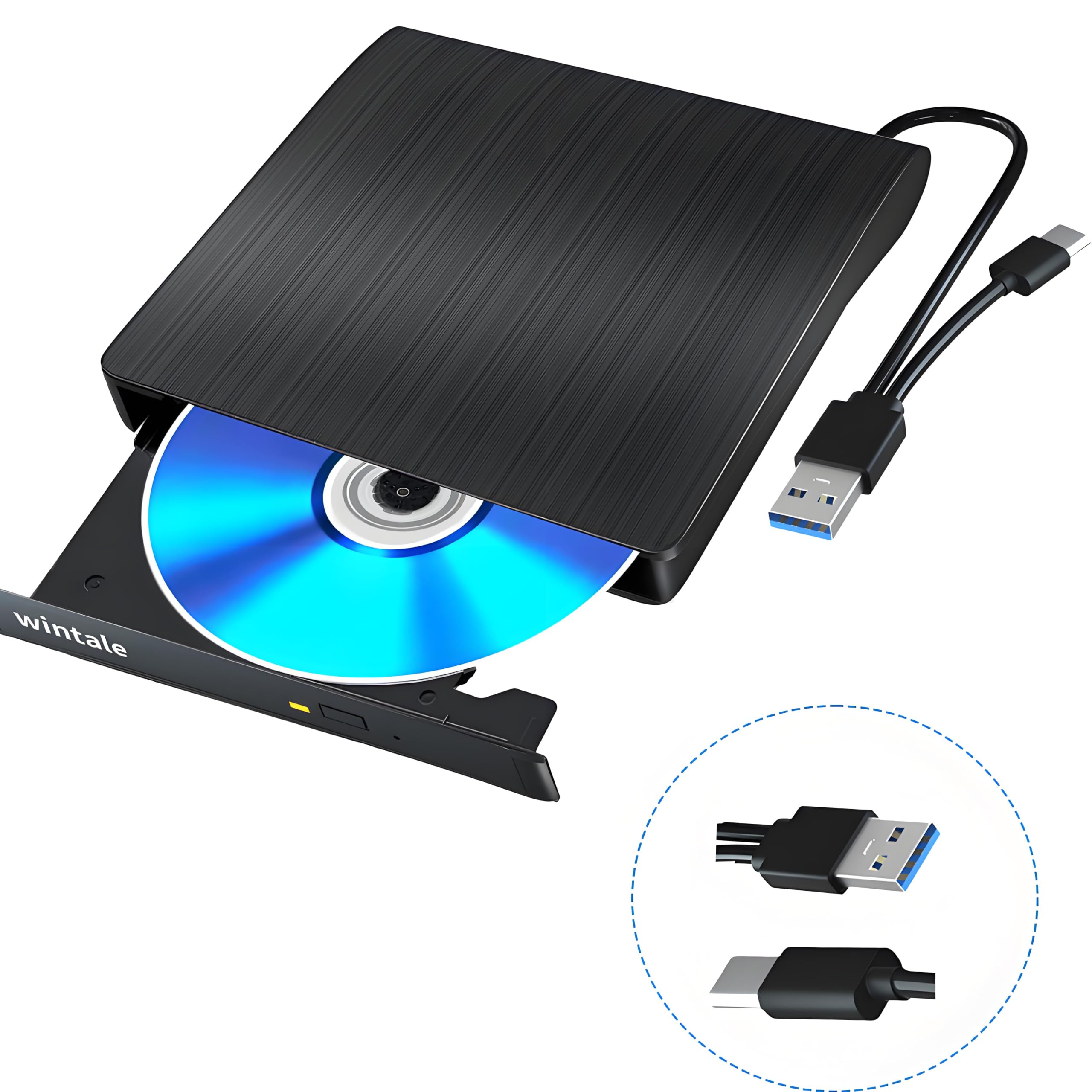 Wintale External Bluray Dvd Drive,Portable 3D Blu Ray External Dvd Drive With Usb 3.0 And Type C Dual Port, External Blu Ray Pla