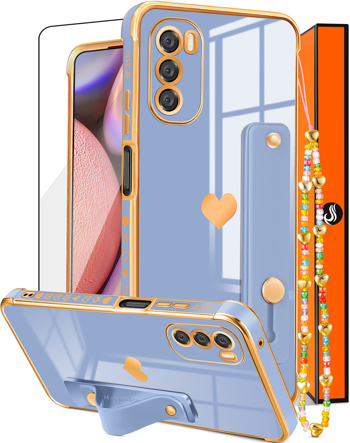 Likiyami (3In1 For Moto G 5G 2022 Case Heart For Women Girls Girly Cute Pretty With Stand Phone Cases Blue And Gold Plating Love