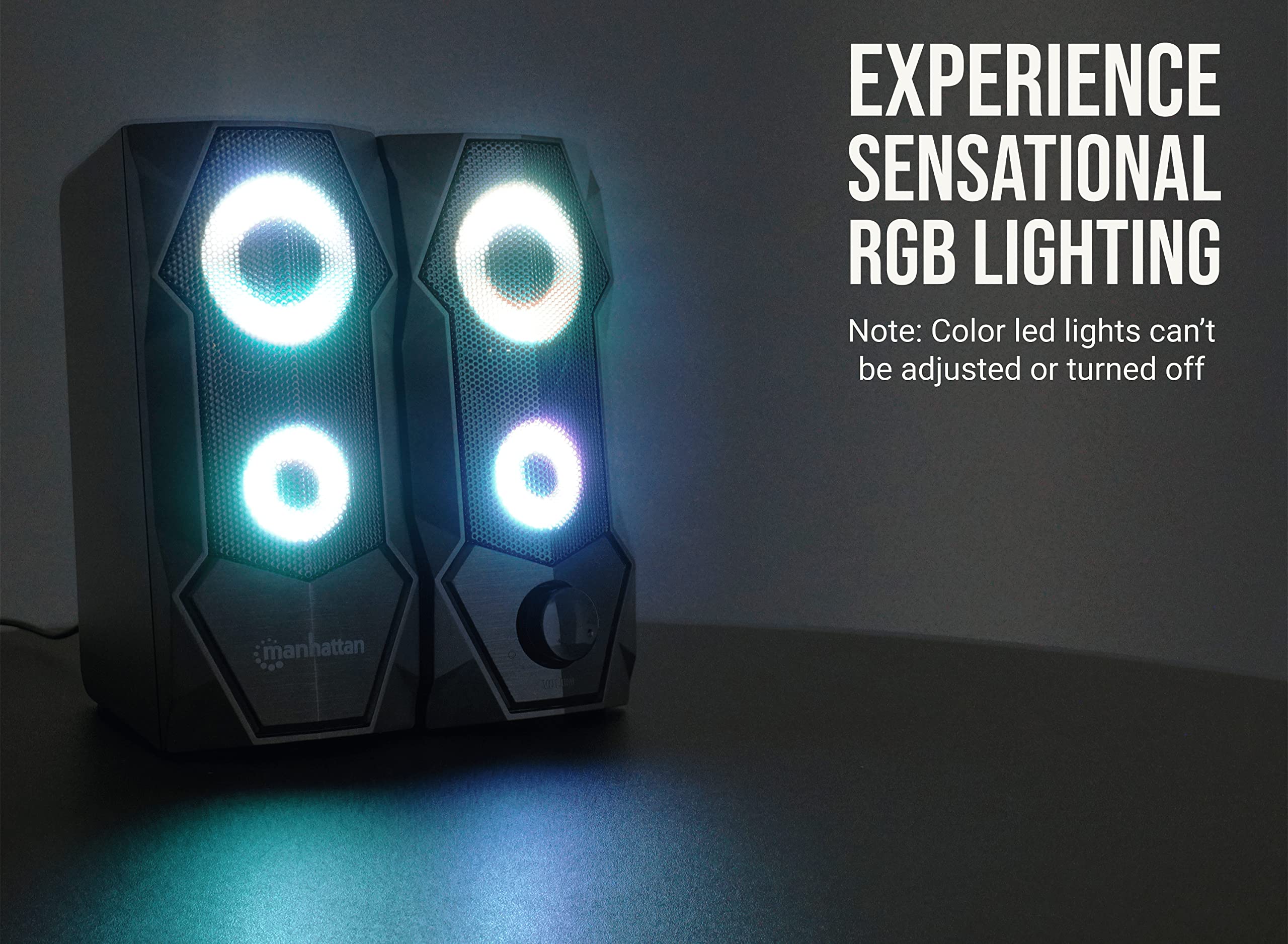 Manhattan Usb Powered Rbg Gaming Speakers - With Stereo Sound, Long 6Ft Cord, Colorful Lights, Volume Control & 3.5 Mm Audio Plu