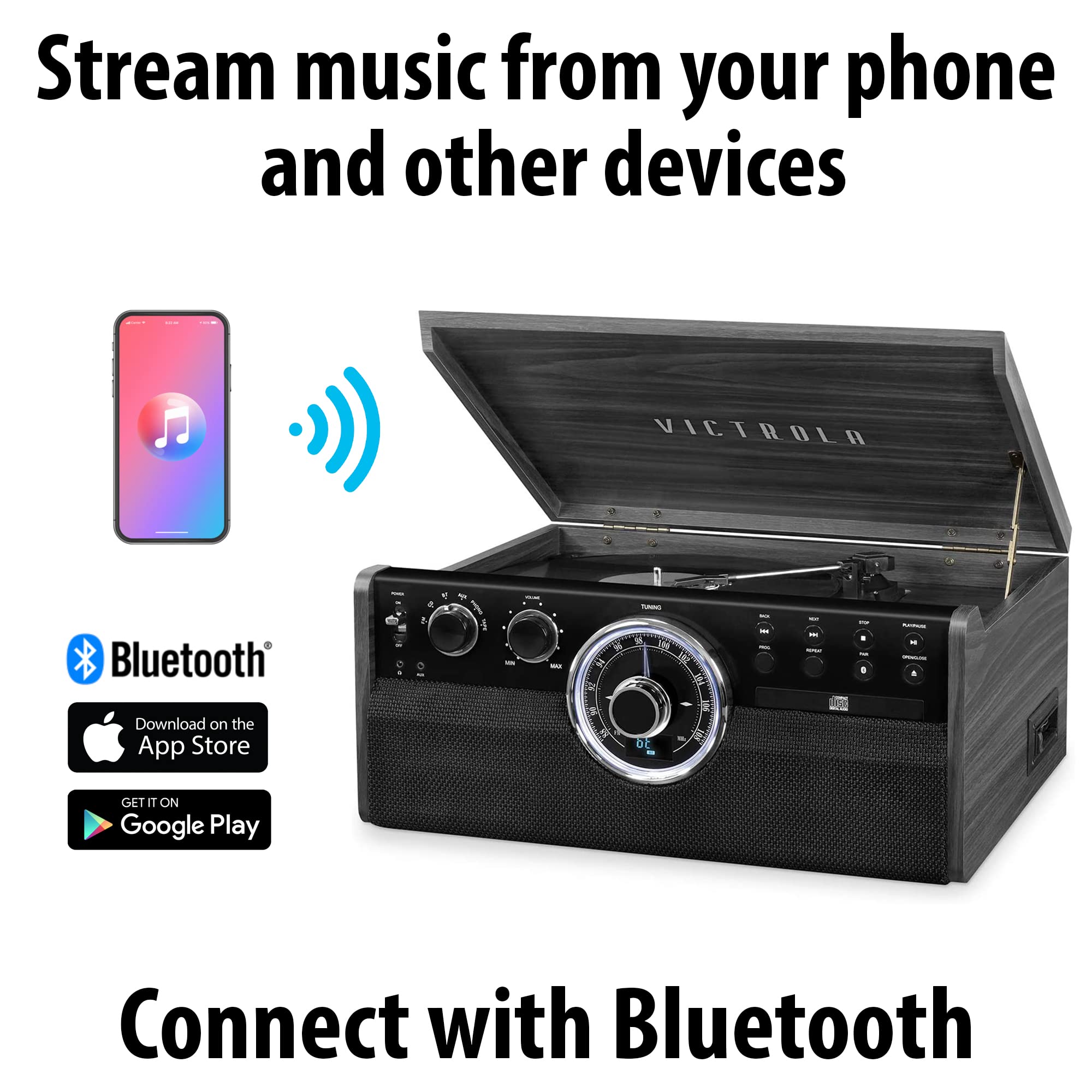 Victrola Mid Century 6 In 1 Bluetooth Record Player & Multimedia Center With Built In Speakers   3 Speed Turntable, Cd & Cassett