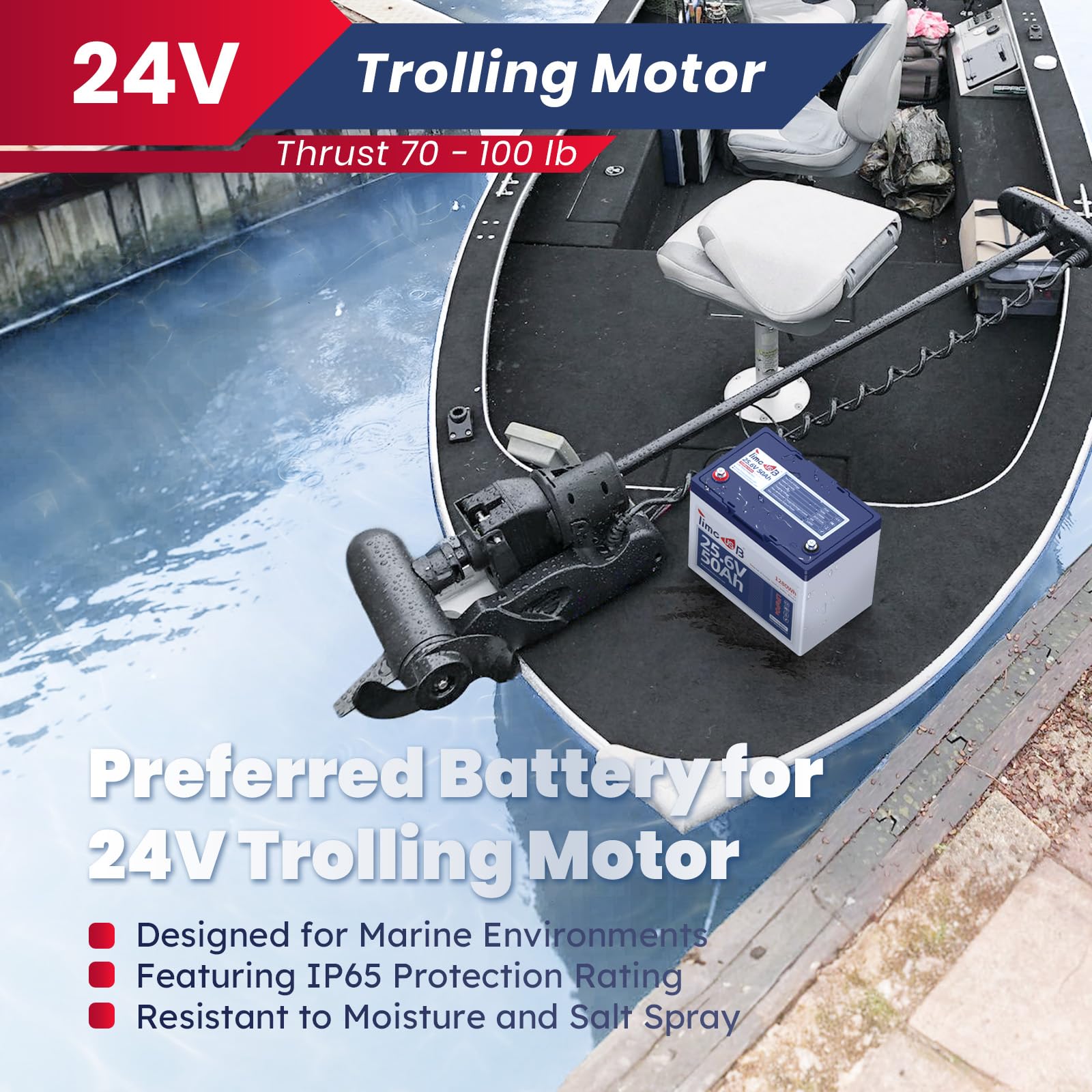 Timeusb 24V 50Ah Lifepo4 Lithium Battery Enhanced Version, Max Continuous Discharge 1.2C (60A), Ip65 Low-Temp Protection Deep Cy