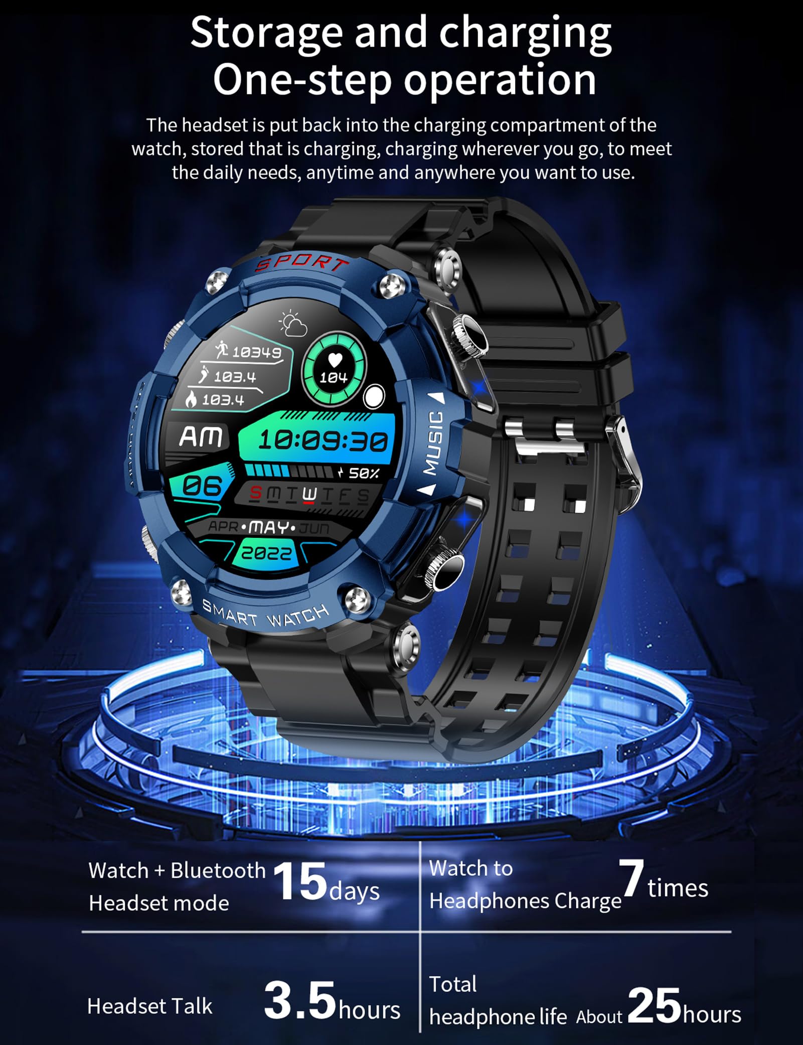 Atevix Smart Watch With Earbuds, 1.52 '' Hd Screen Smartwatch For Men, Rugged Military Bluetooth Call Fitness Tracker,3 In 1 Blu