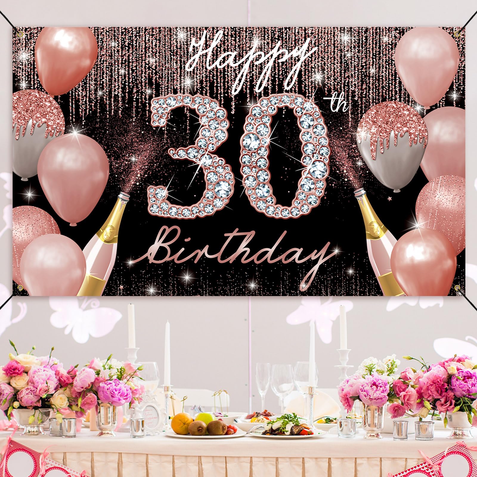 Happy 30Th Birthday Backdrop Banner, 30Th Birthday Decoration For Women Rose Gold, 30 Year Old Birthday Party Yard Sign Photo Bo