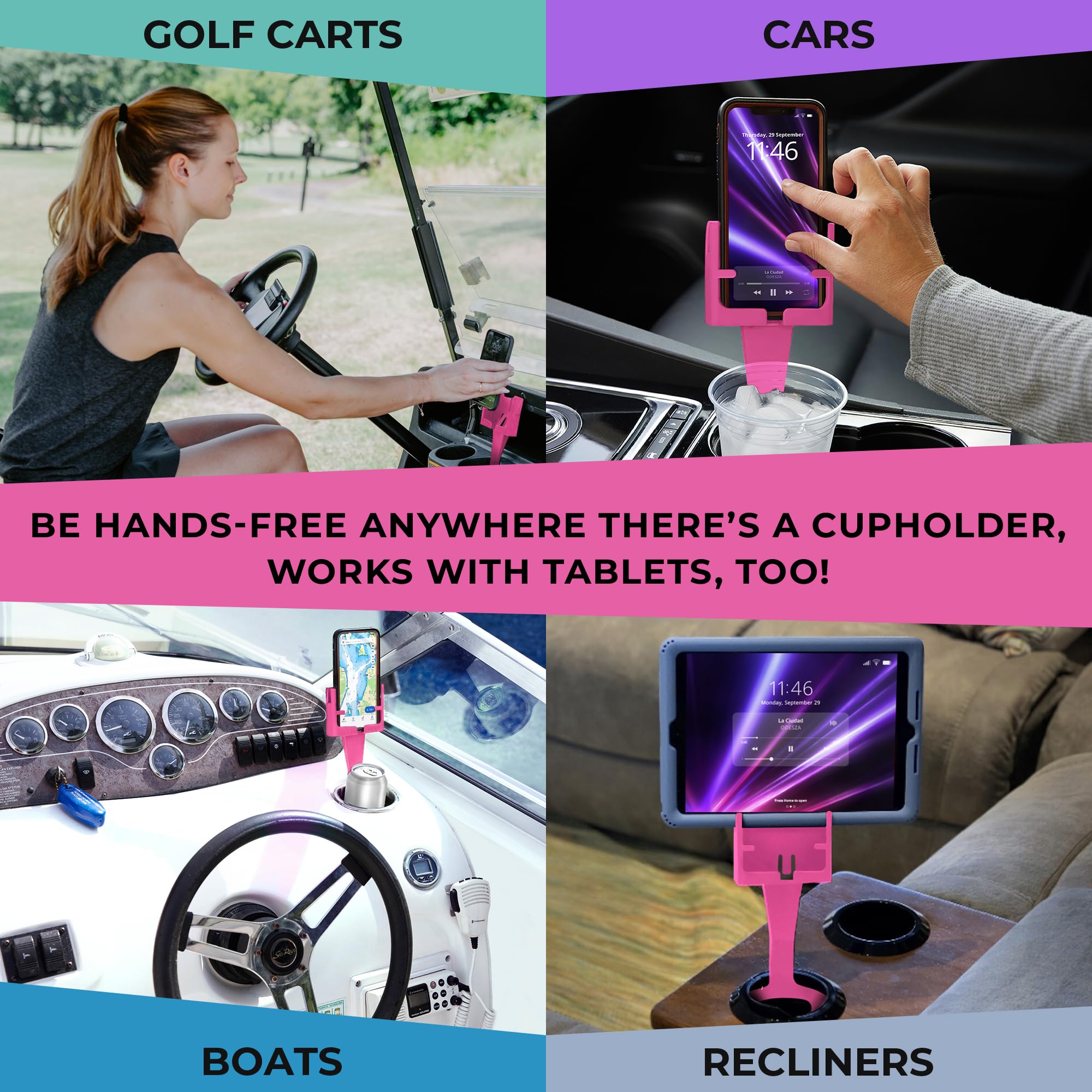 Pink Cup Holder Phone Mount For Car - Cupholder Phone Holder Fits Iphone, Android, Large Phones - Made In Usa - Universal Fit -