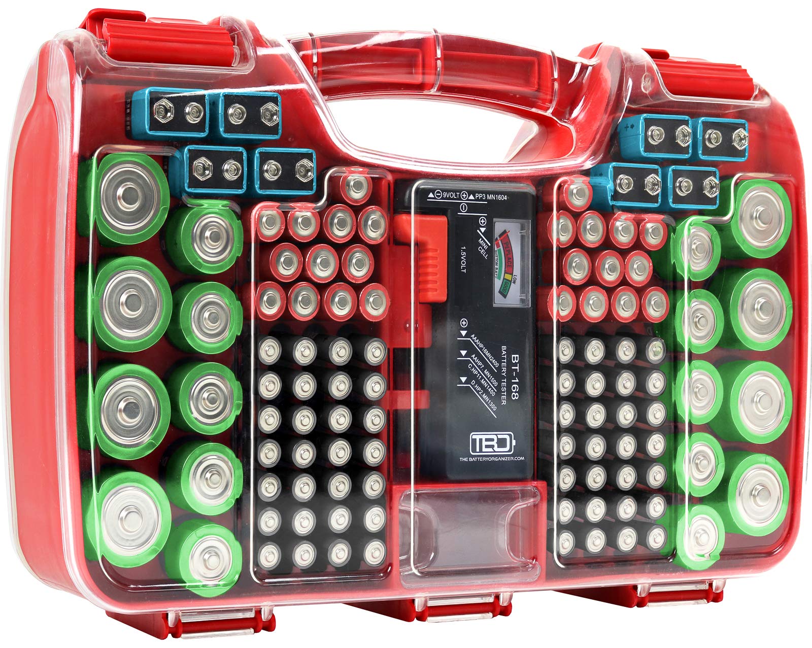 Battery Organizer Storage Case with Tester, Holds 180 Batteries, Clear Hinged Cover, Locking Lid - For AA, AAA, C, D and More, R