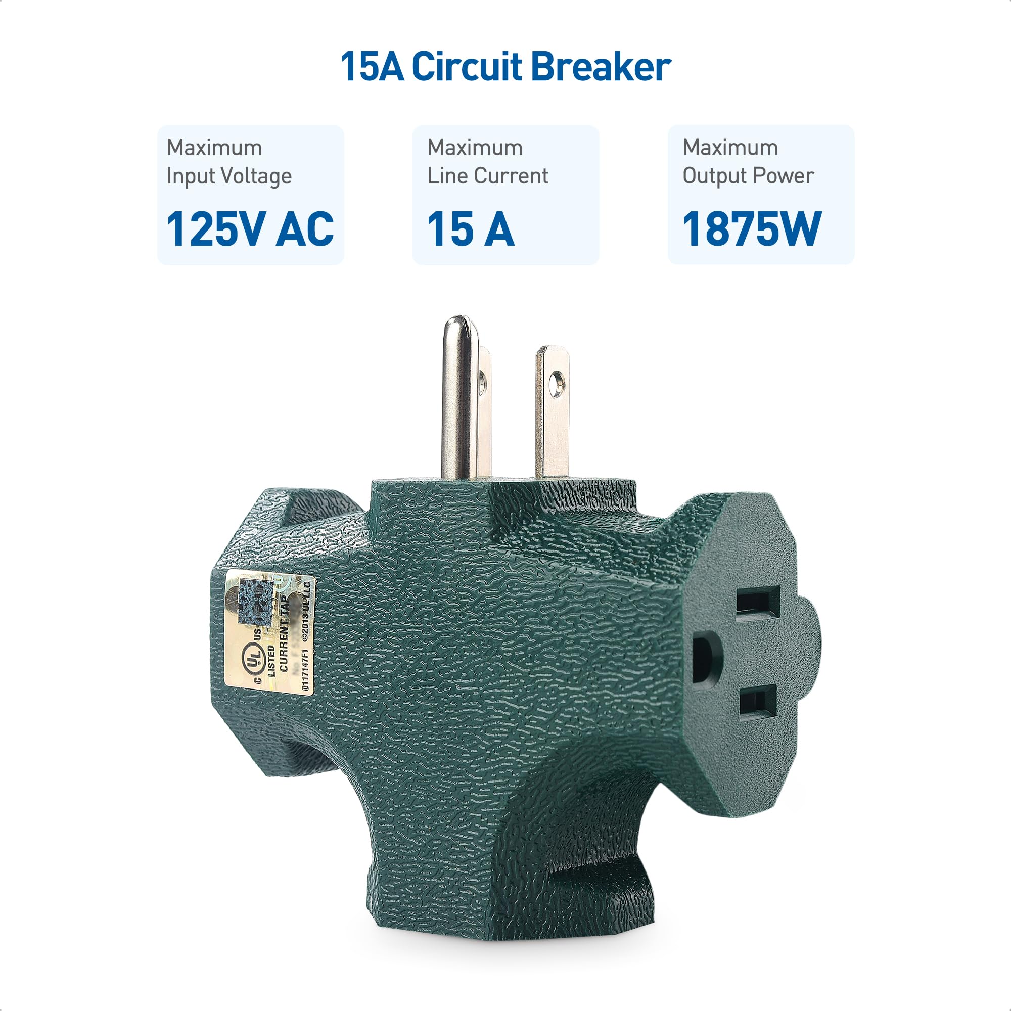 [Ul Listed] Cable Matters 3 Pack 3 Way Plug Adapter 15A 1875W In Green (3 Prong 3 Outlet Adapter, Power Splitter Plug Outlet, Mu