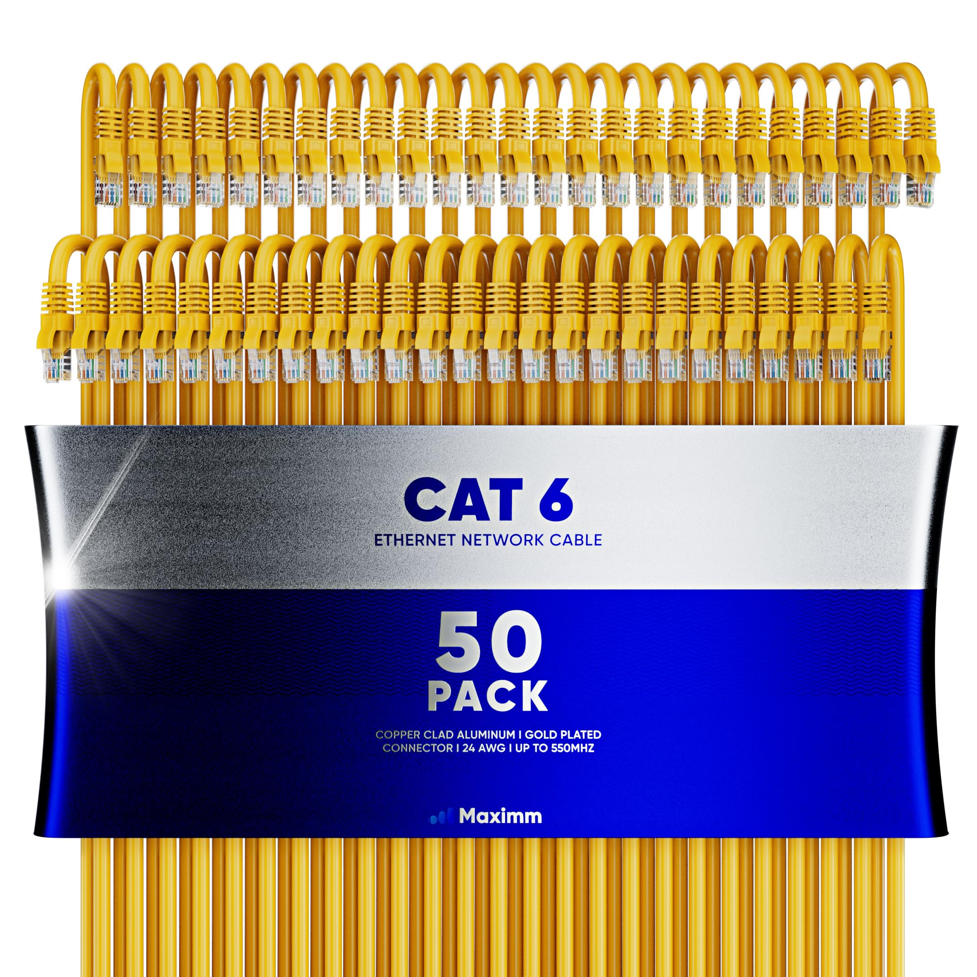 Maximm Cat 6 Ethernet Cable 8 Ft (50 Pack)   High Speed Lan Cable, Internet Cable, Patch Cable, And Network Cable   Utp, 10Gbps, 550Mhz Ethernet Cord   Yellow