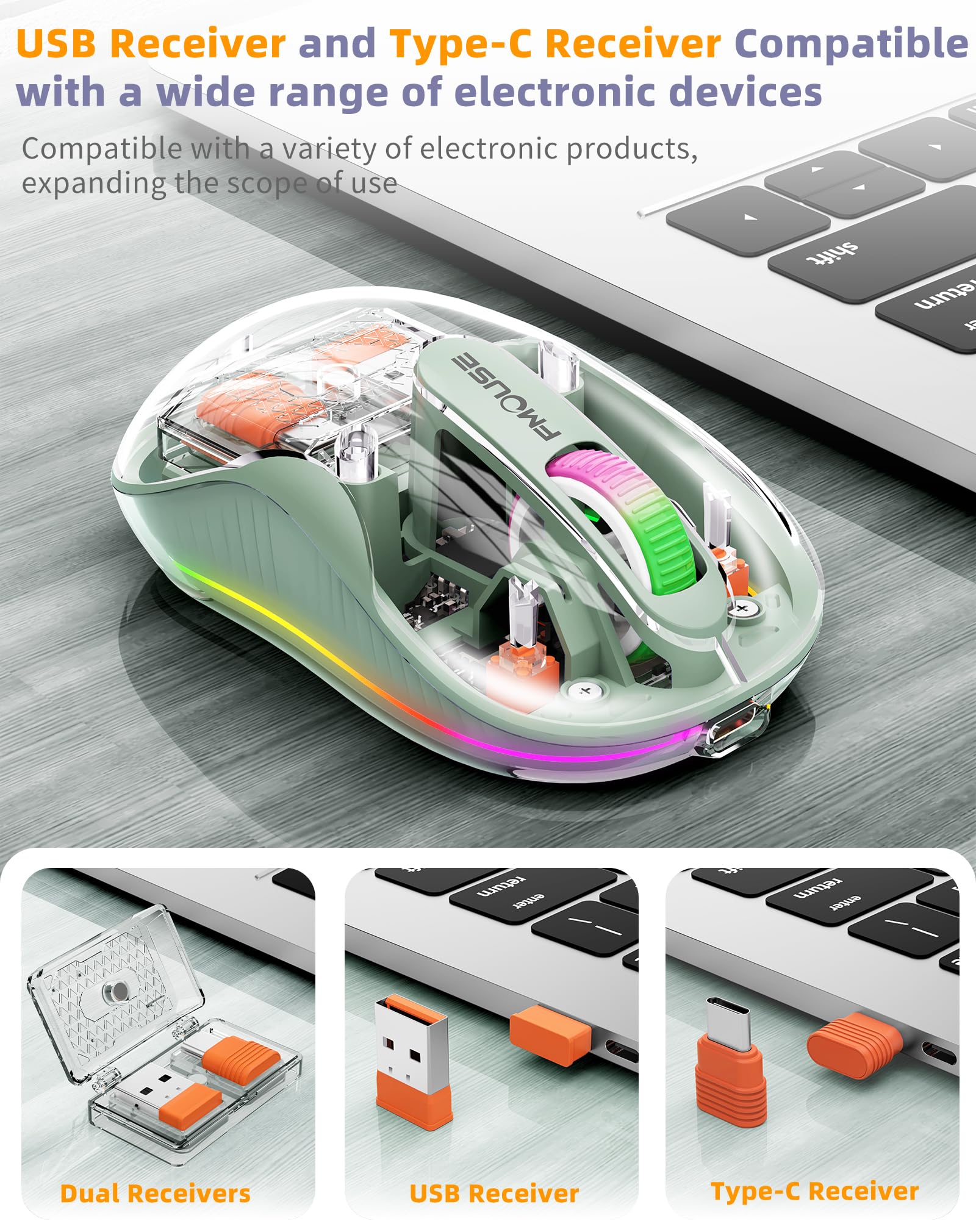 Fmouse Interesting Transparent Bluetooth Mouse With Usb & Type C Two Receiver, Small Portable Silent Wireless Mice With Rgb Ligh