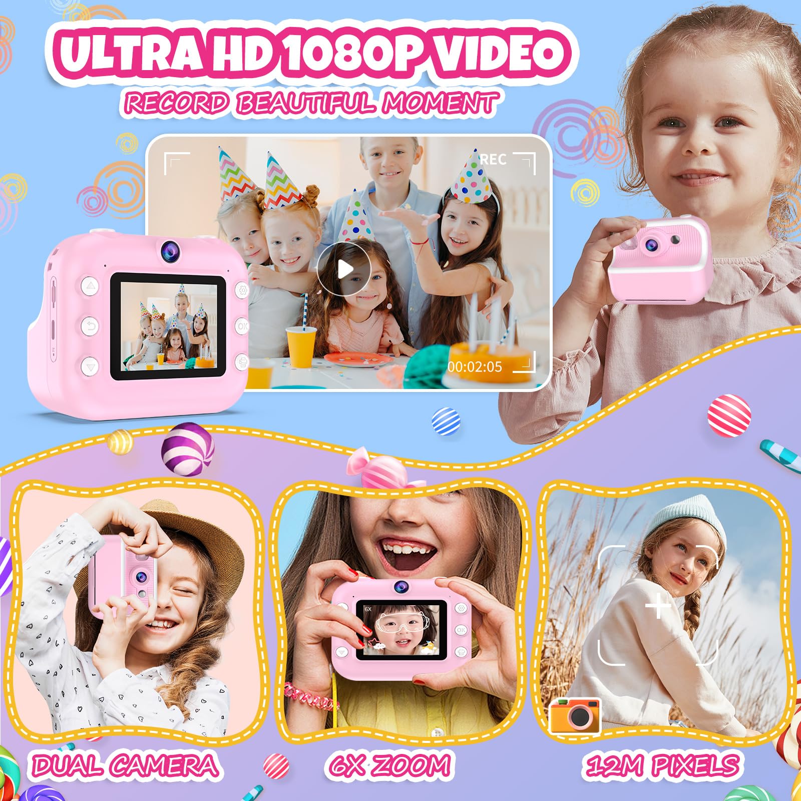 Kids Camera Instant Print,1080P Hd Instant Photo Camera Christmas Birthday Gifts For Girls Age 3 12,Toddler Camera Toys For 3 4