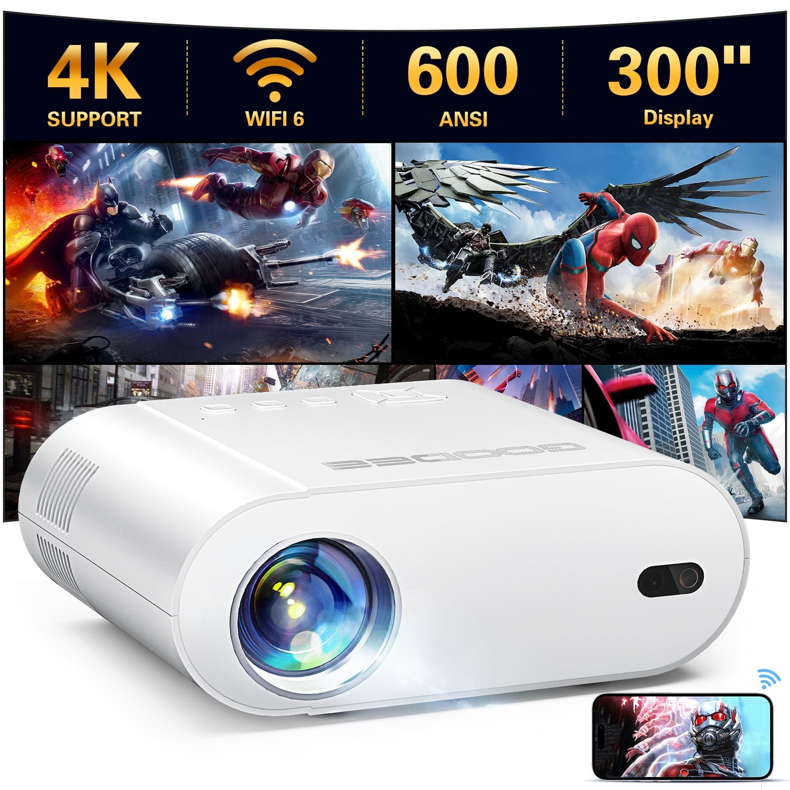 4K Projector, Goodee Projector With Wifi And Bluetooth, Mini Projector With Auto Keystone And Remote Focus, Native 1080P Home Th