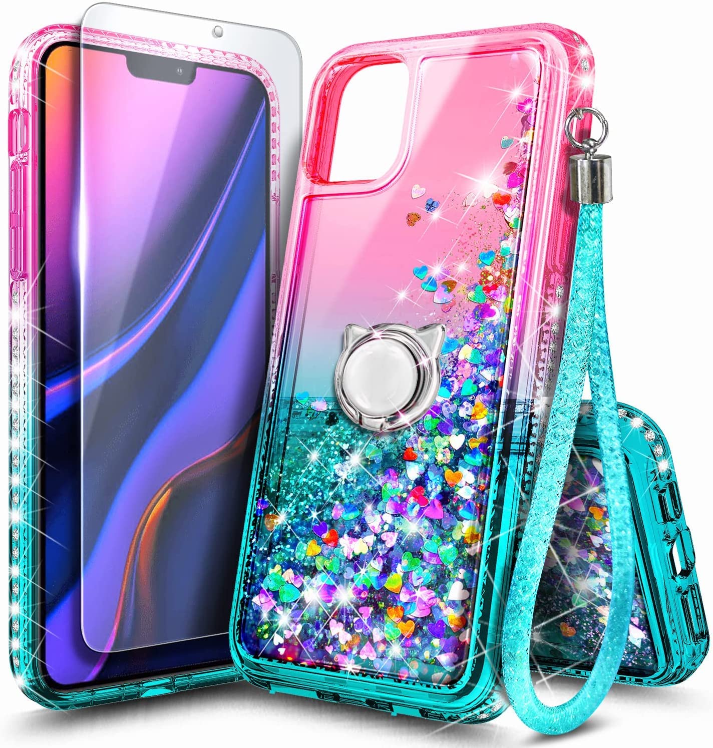 Ngb Compatible With Iphone 11 Case With Tempered Glass Screen Protector, Ring Holder/Wrist Strap, Girls Women Liquid Bling Spark