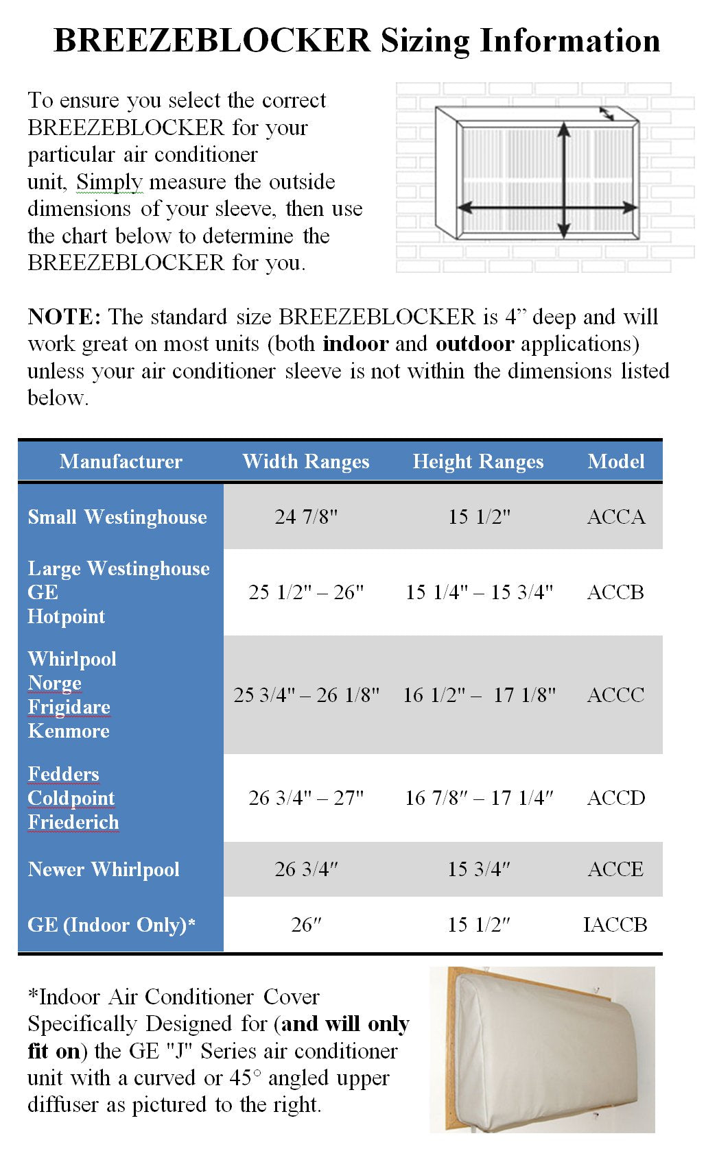 Indoor Air Conditioner Cover Specifically Designed For Ge ''J'' Series Units   Width 26'' & Height 15 1/2''   Breezeblocker
