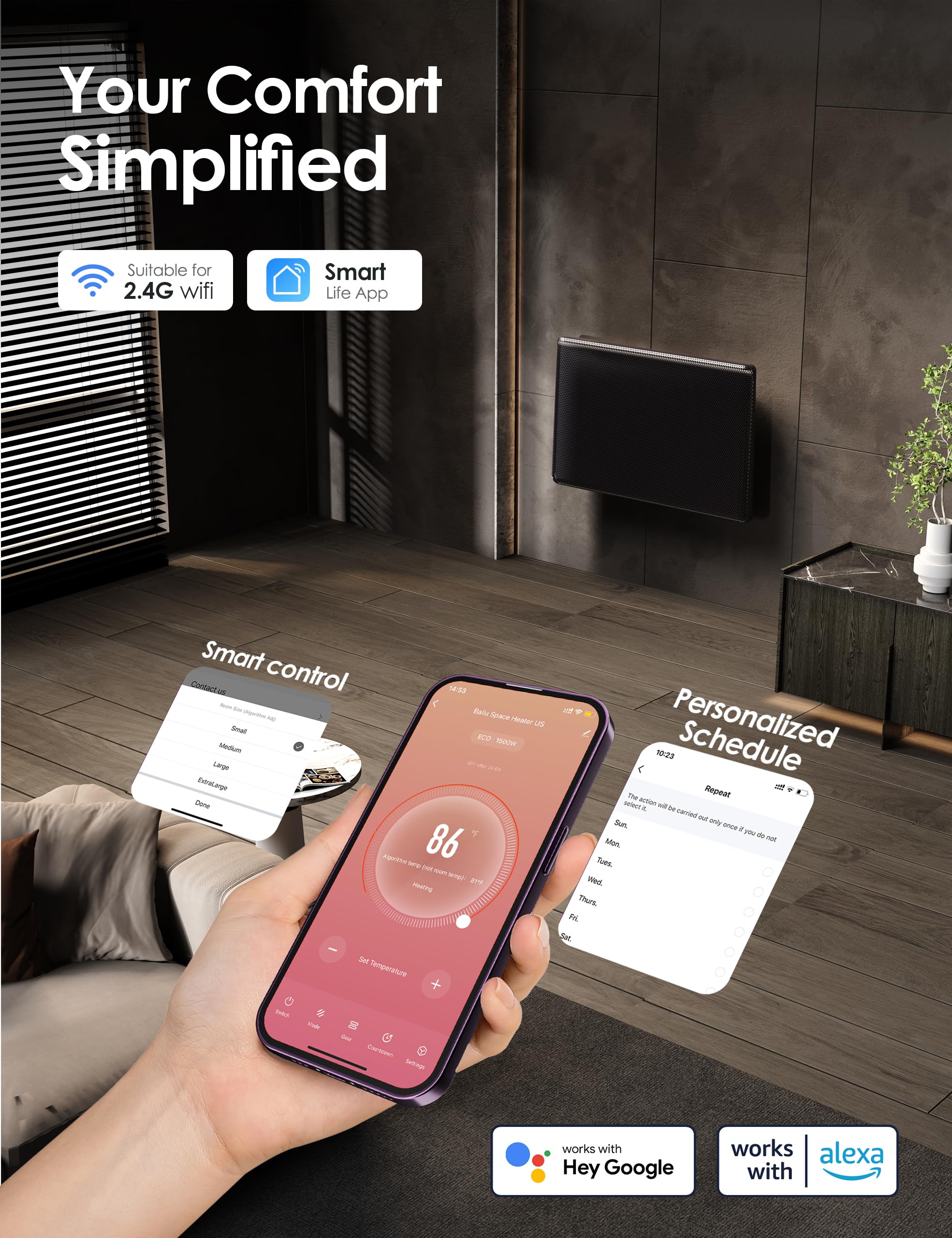 Ballu Mica Infrared Space Heater Indoor Use,Electric Panel Heater With Led Display Remote,Wifi App Control,Portable Stand Wall M