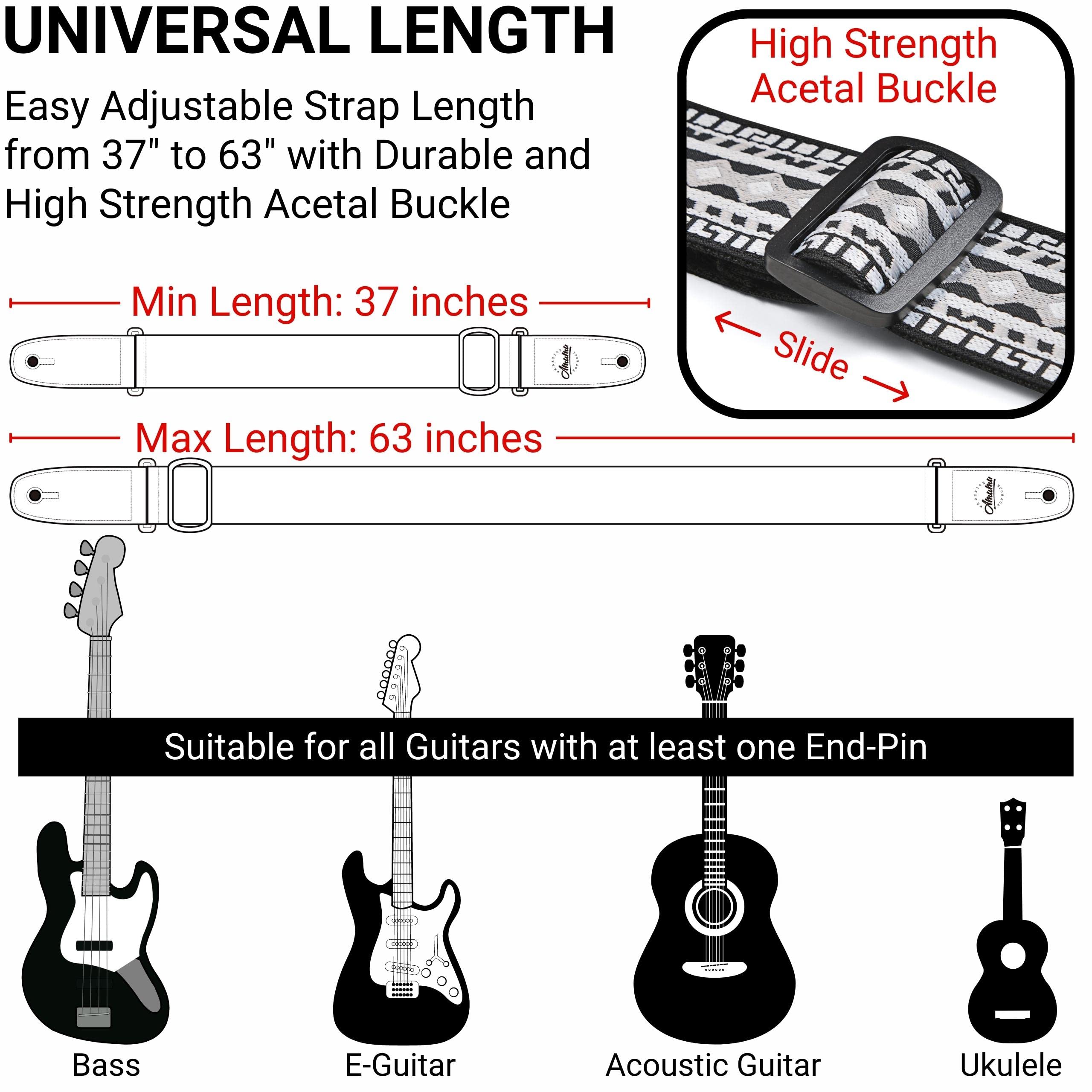 Amumu Guitar Strap Hootenanny Black White Cotton For Acoustic, Electric And Bass Guitars With Strap Blocks & Headstock Strap Tie