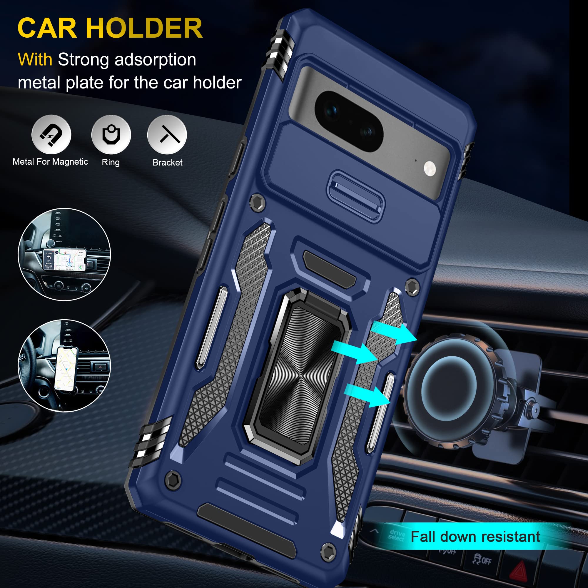 Deerlamn Case For Google Pixel 7 With Slide Camera Cover+Screen Protector(1 Pack), Rotated Ring Kickstand Military Grade Shockpr