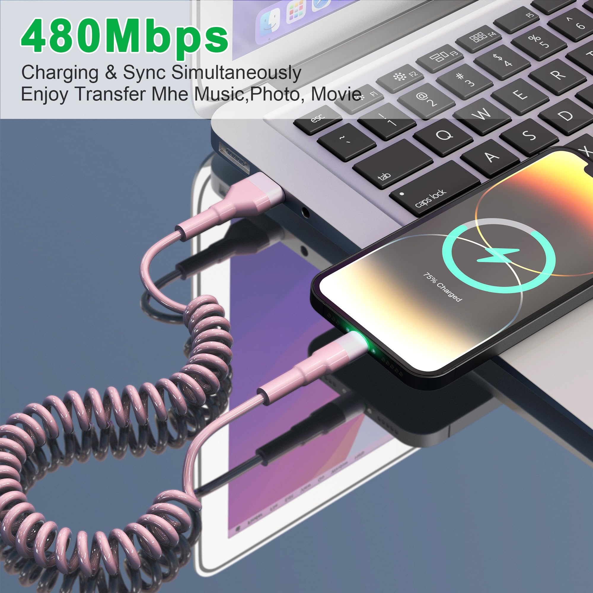 Coiled Usb To Lightning Cable [Mfi Certified], Apple Carplay Charger Cable For Car Data Sync, Coiled Iphone Car Charger Iphone Cable Pink, 2 Pack