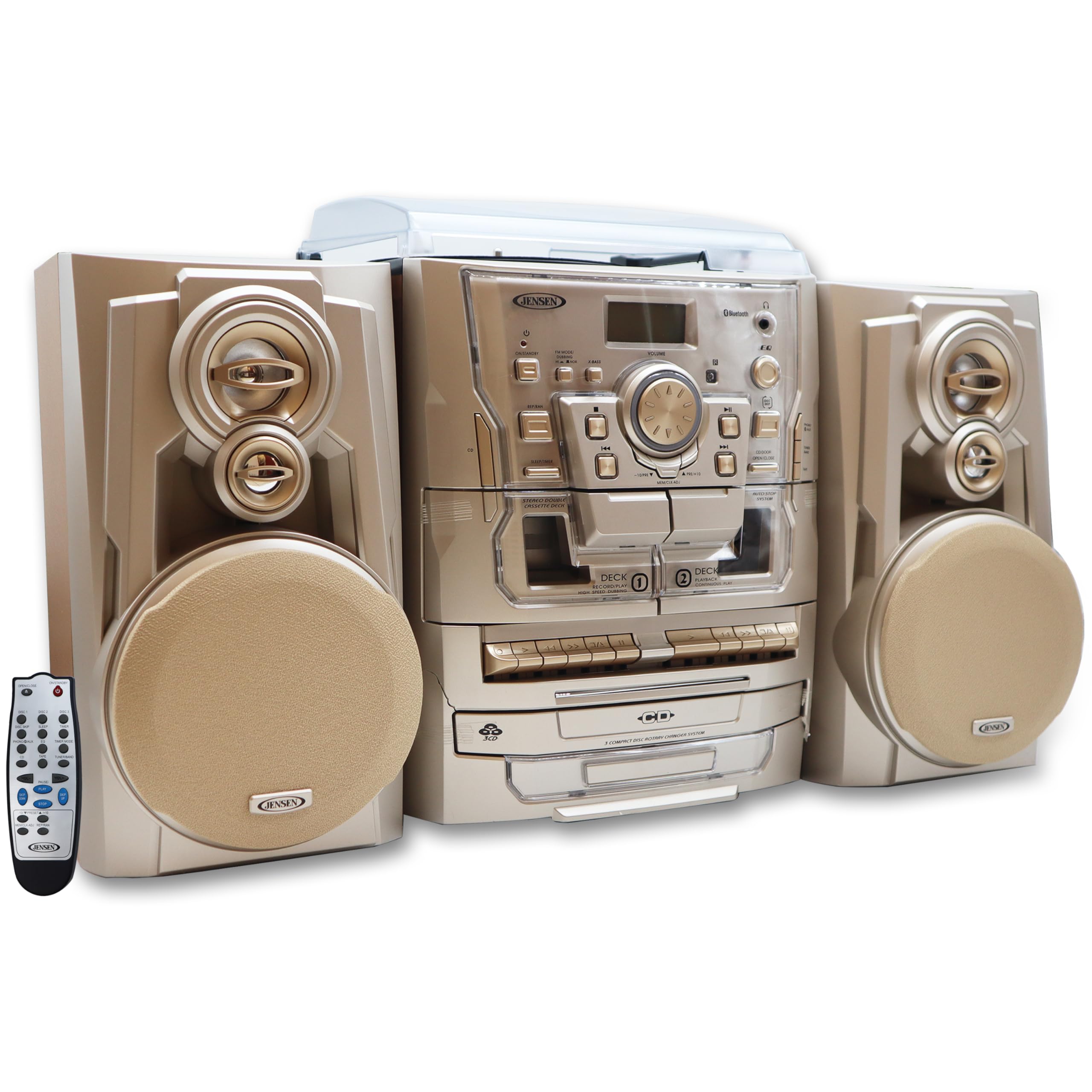 Jensen Bluetooth 3 Speed Turntable Cd Player Home Stereo System With Turntable 3 Cd Changer Music System, Dual Cassette Deck, St