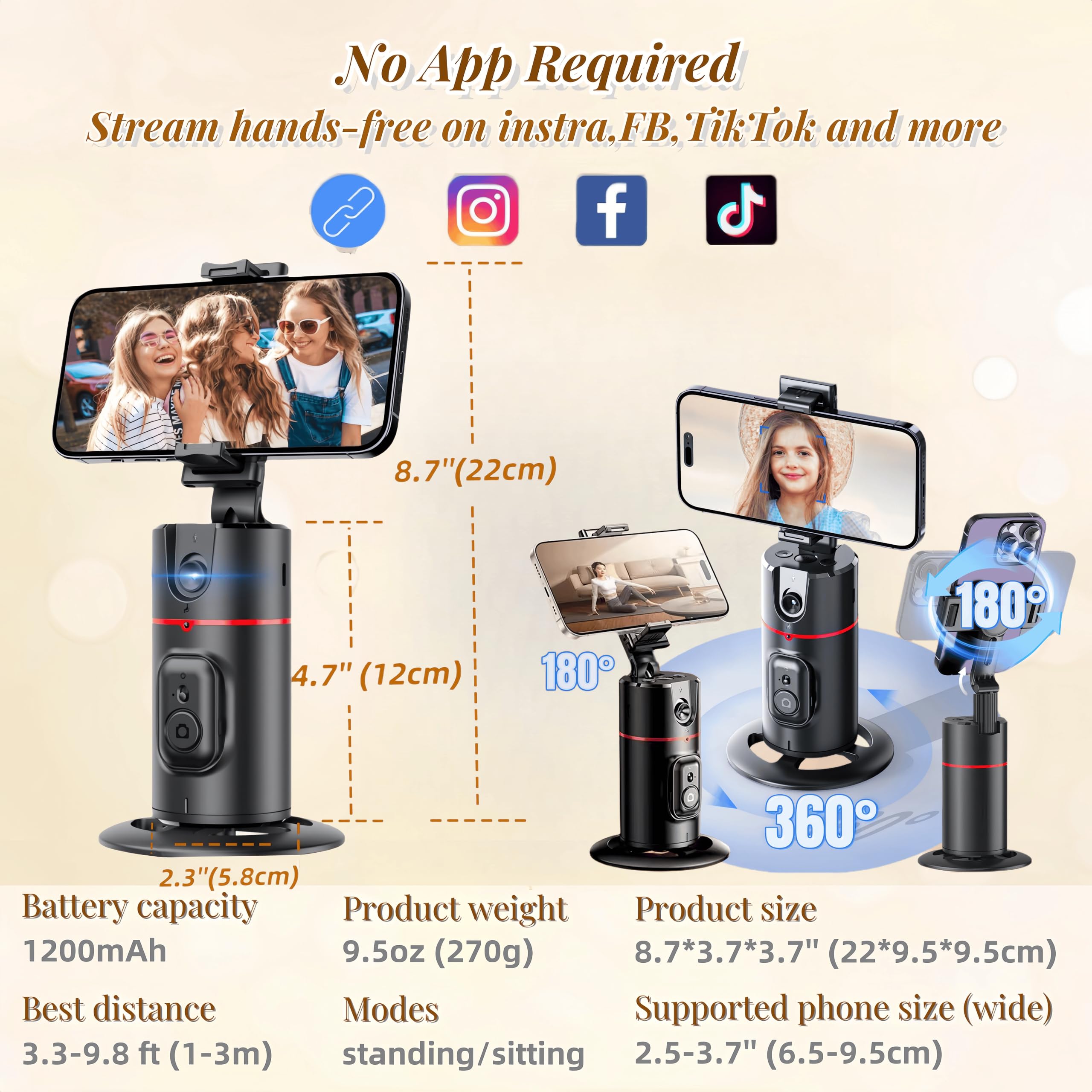 Auto Face Tracking Tripod, 360 Rotation Face Body Tracking Phone Holder, Rechargeable Smartphone Camera Mount Remote & Gesture C