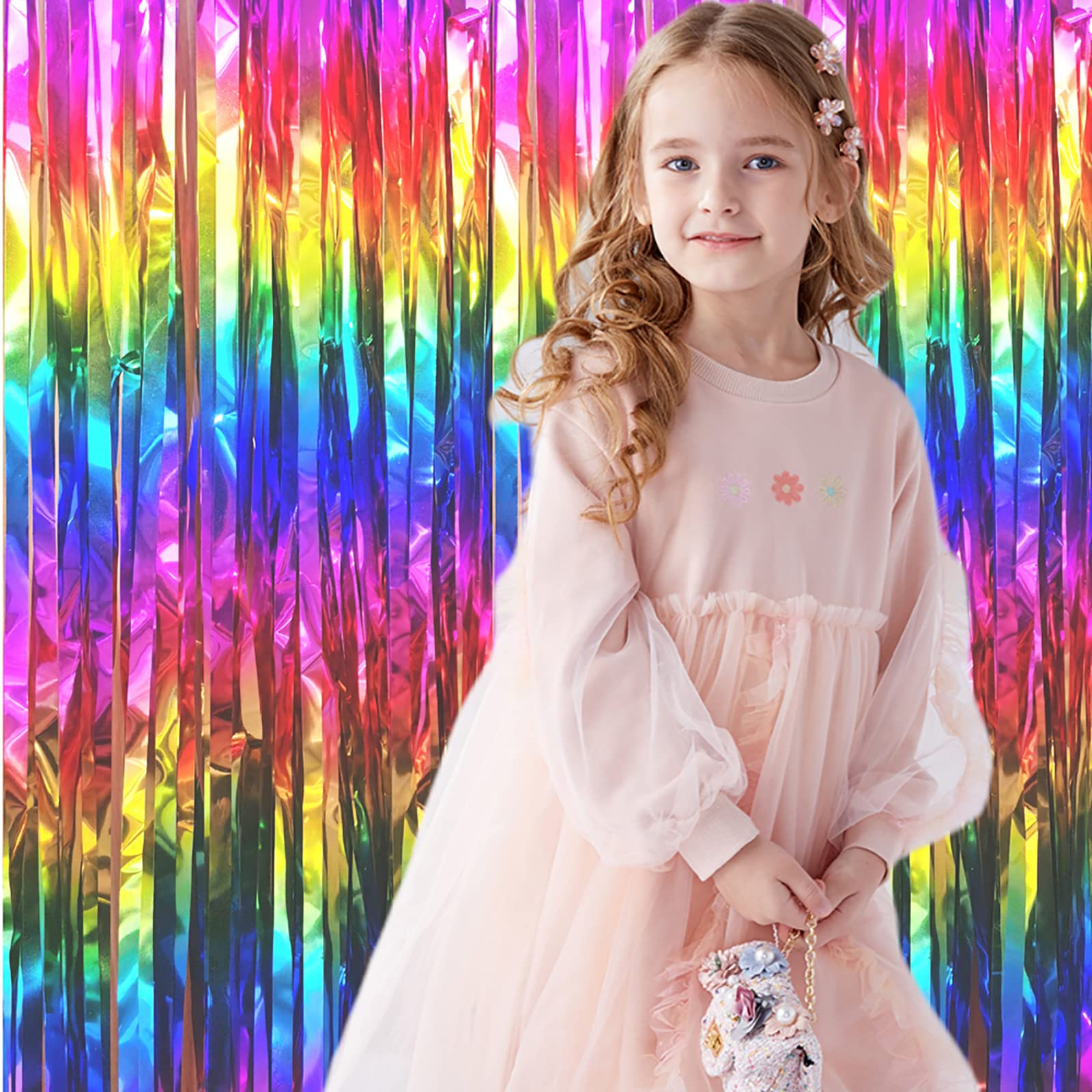 2 Packs Rainbow Party Decorations, Rainbow Foil Fringe Curtain Neon Backdrop Metallic Tinsel Photo Booth Props For Birthday Gay