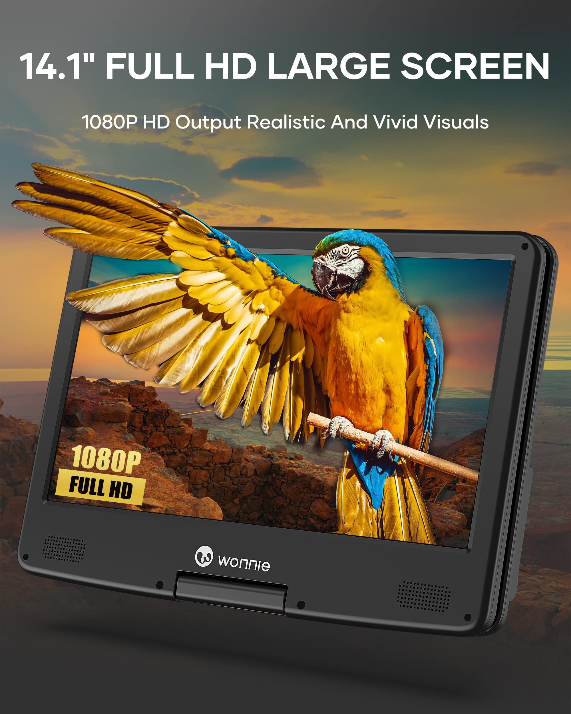 Wonnie 16.9 Portable Blu Ray Dvd Player With 14.1 1080P Hd Swivel Screen, 4-Hour Rechargeable Battery, Supports Hdmi Output, Sur