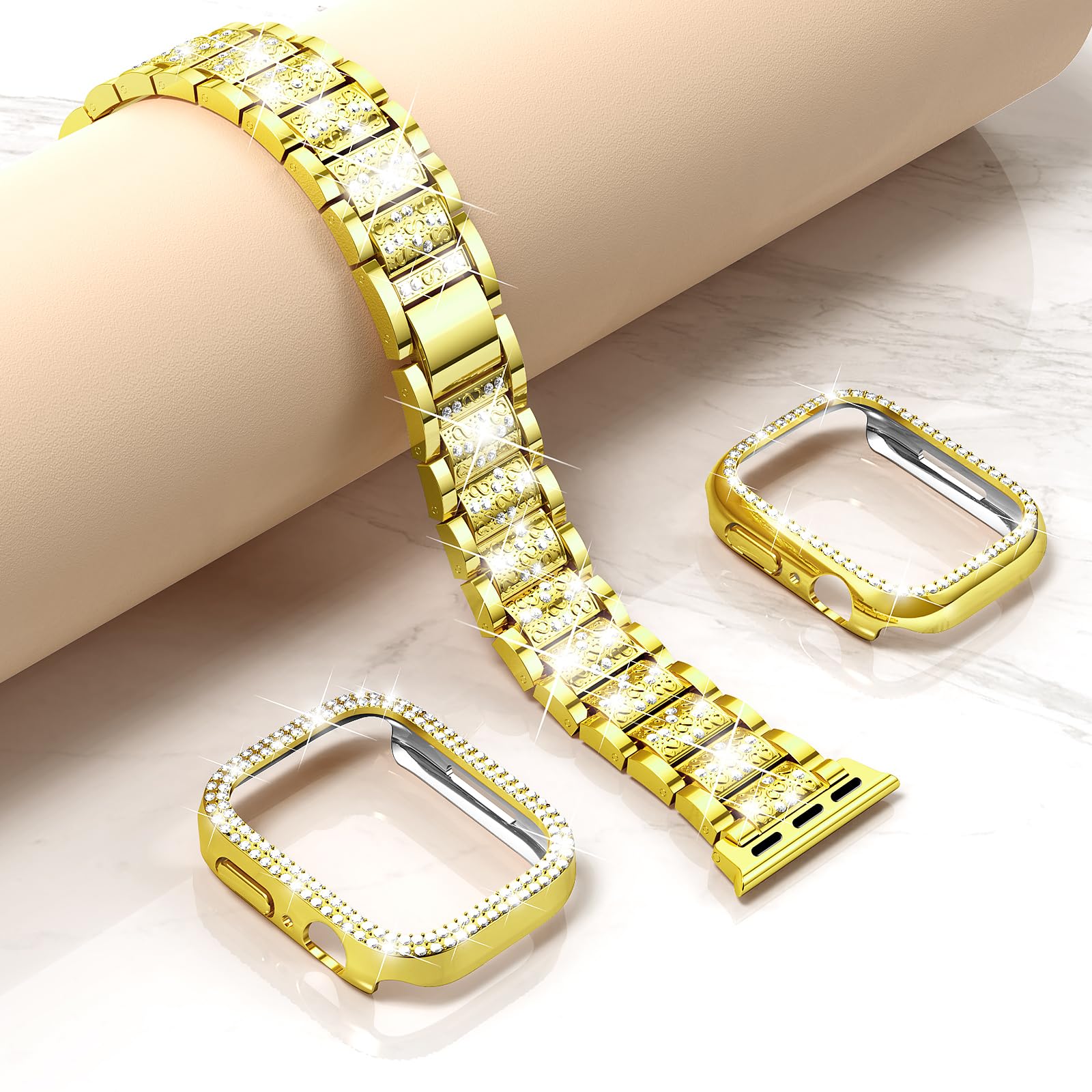 Mosonio Compatible With Apple Watch Band 42Mm S10 With Case Women, Jewelry Replacement Metal Wristband With 2 Pack Bling Pc Prot